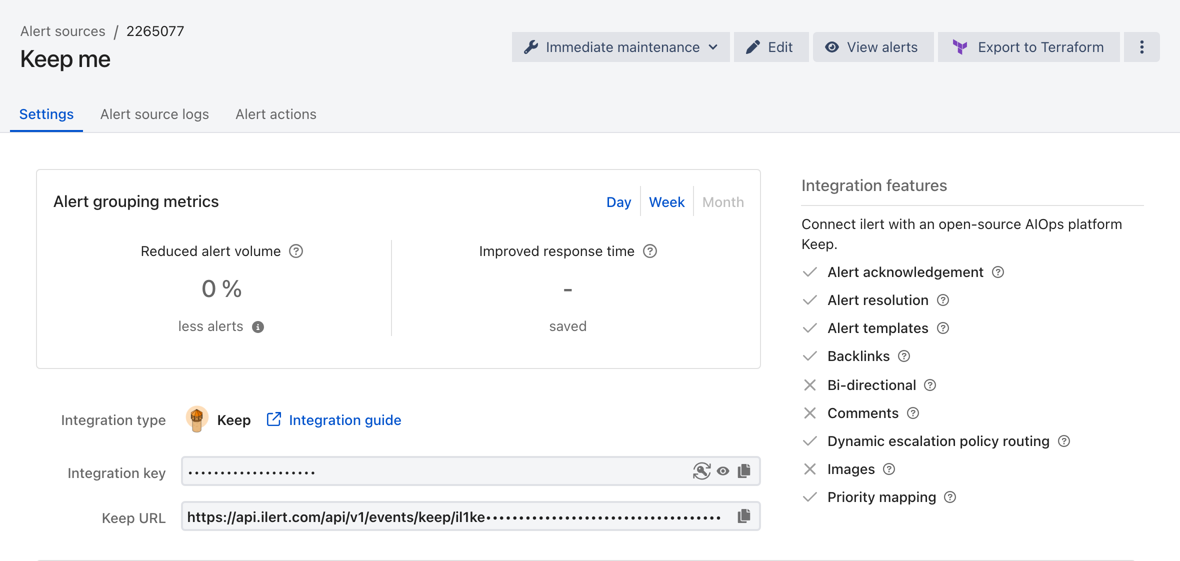The Settings tab of a Keep alert source in ilert, showing the integration type, the masked integration key, and the Keep URL.