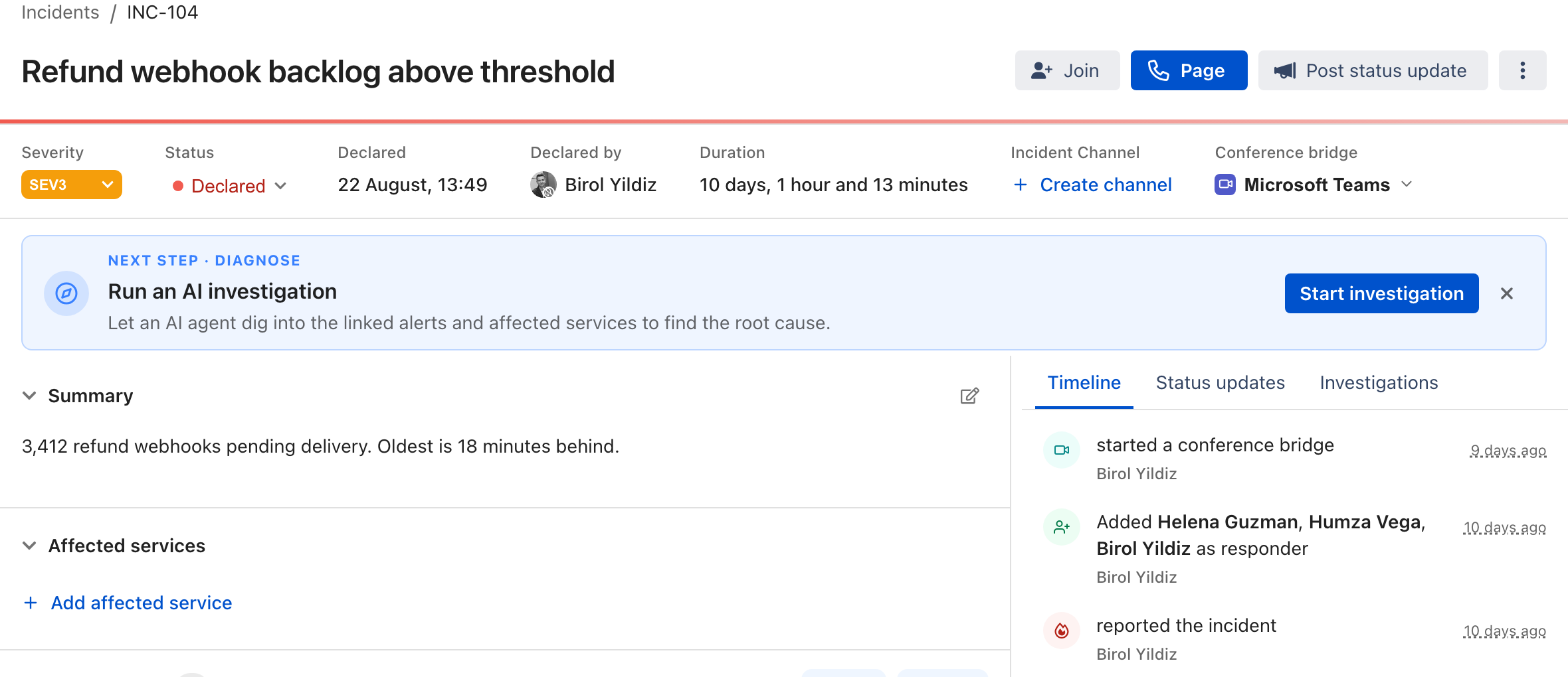 An ilert incident view showing the Join, Page and Post status update buttons, an attribute row with severity, status, declared time, declared by, duration, incident channel and conference bridge, a prompt to run an AI investigation, the summary, and the Timeline, Status updates and Investigations tabs.