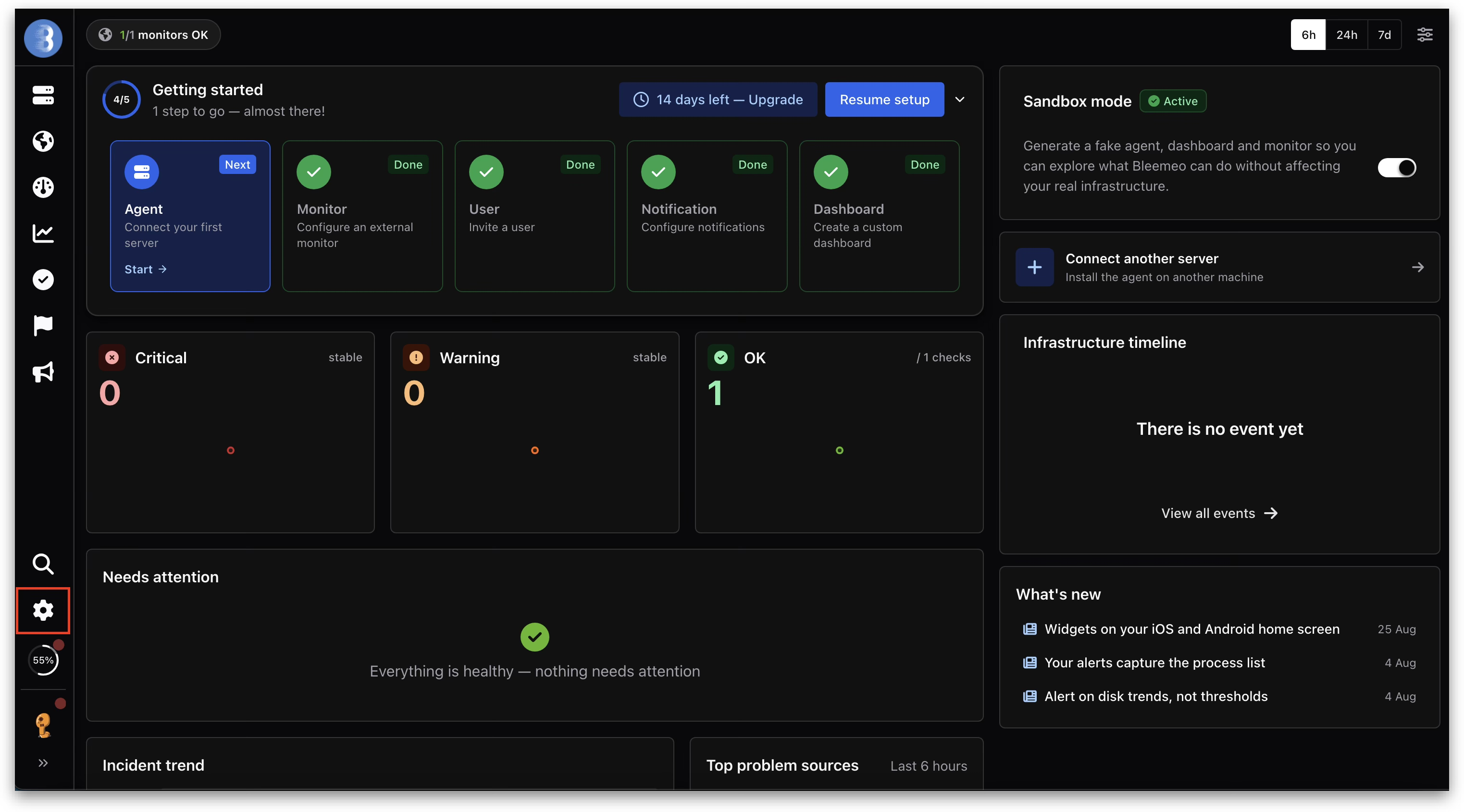 The Bleemeo dashboard with the settings icon at the bottom of the left sidebar outlined.