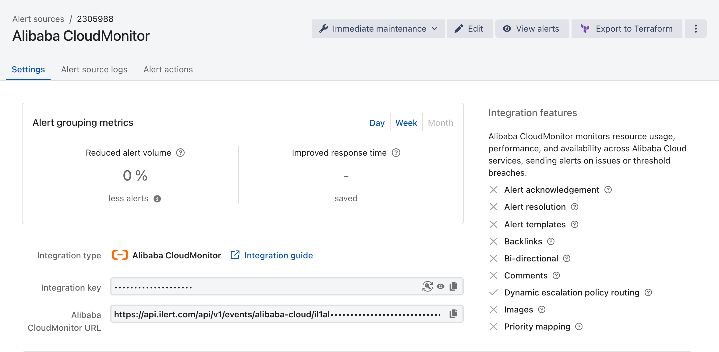The Settings tab of a Alibaba CloudMonitor alert source in ilert, showing the integration type, the masked integration key, and the Alibaba CloudMonitor URL.