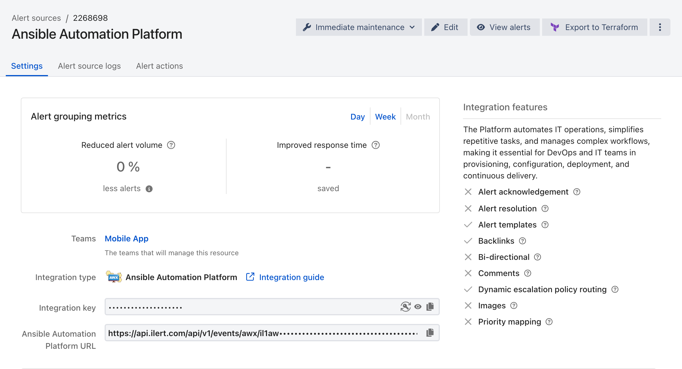 The Settings tab of a Ansible Automation Platform alert source in ilert, showing the integration type, the masked integration key, and the Ansible Automation Platform URL.