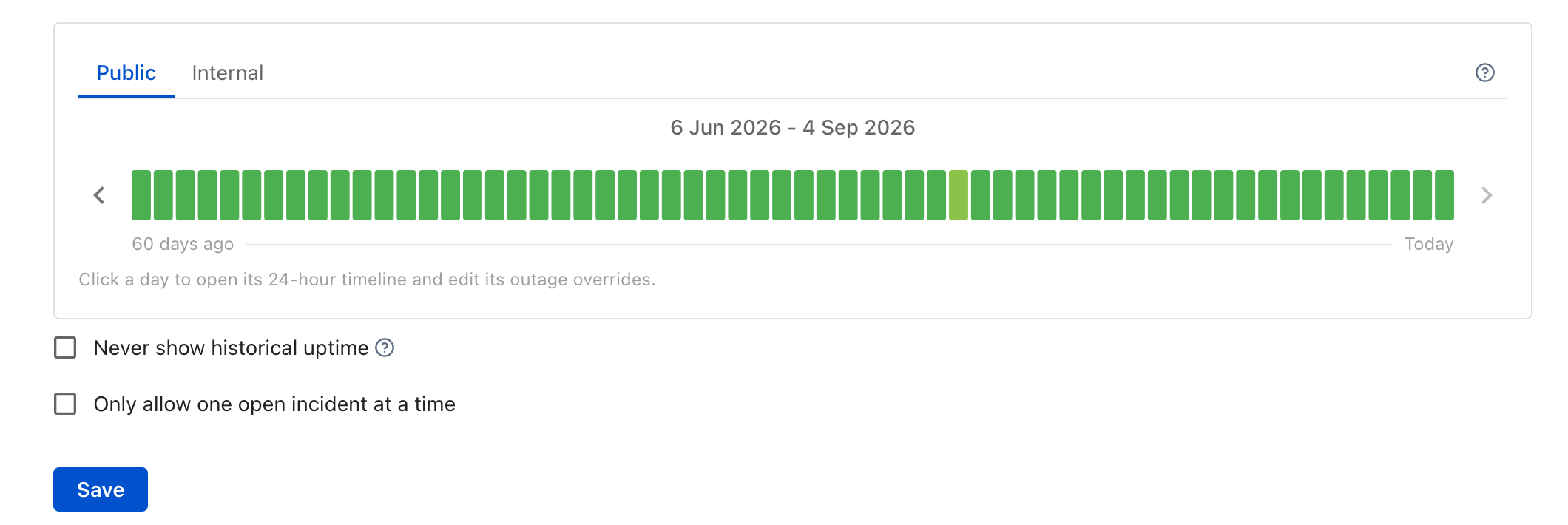 The uptime history card on an ilert service, with Public and Internal tabs, a 60-day bar chart, the hint Click a day to open its 24-hour timeline and edit its outage overrides, and the Never show historical uptime and Only allow one open incident at a time checkboxes below.