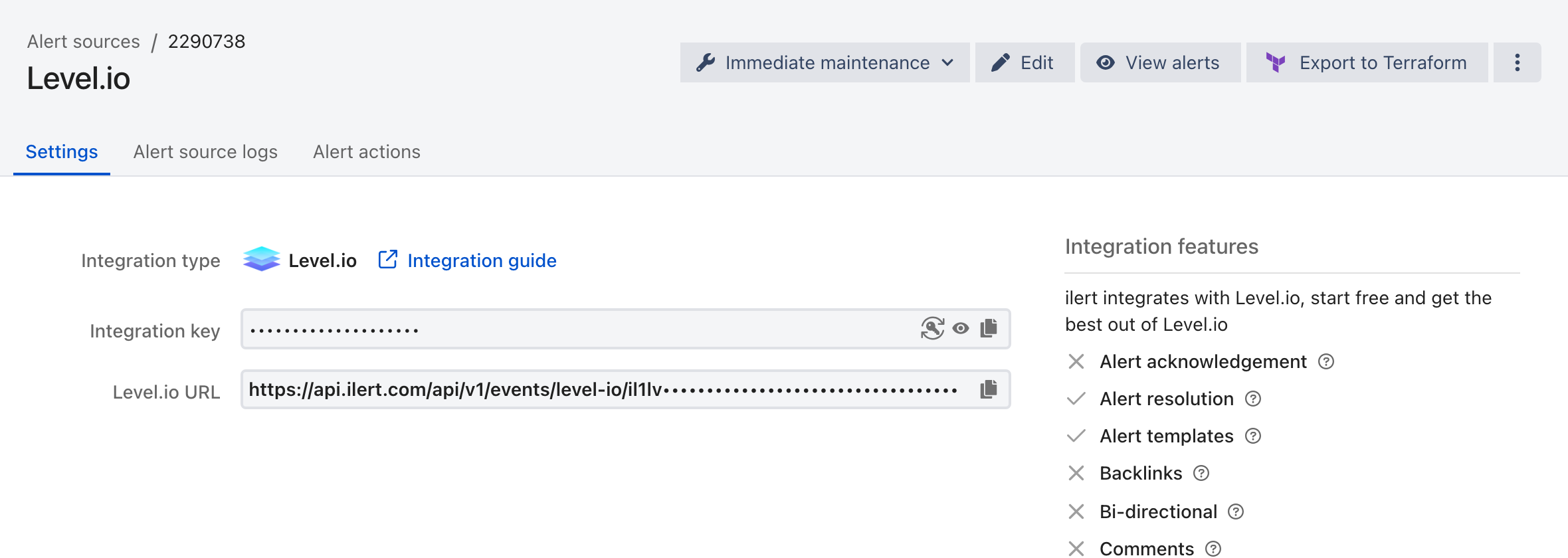 The Settings tab of a Level.io alert source in ilert, showing the integration type, the masked integration key, and the Level.io URL.