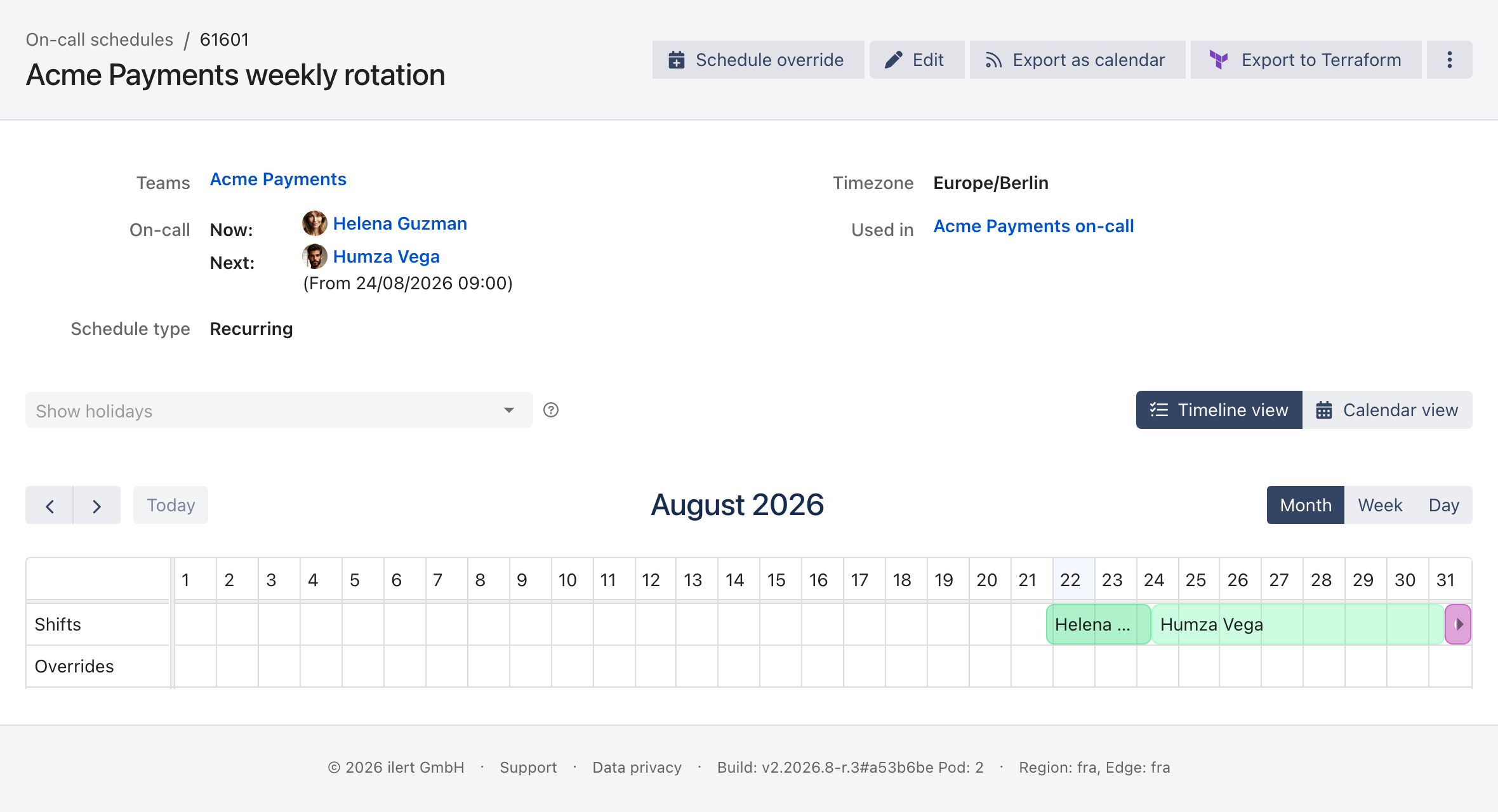 A recurring on-call schedule in timeline view. A header shows who is on call now and who is next with the date their shift starts, alongside the schedule type and the escalation policy it is used in. Below, a month timeline lays out each person's shift as a coloured band, with a separate row for overrides.
