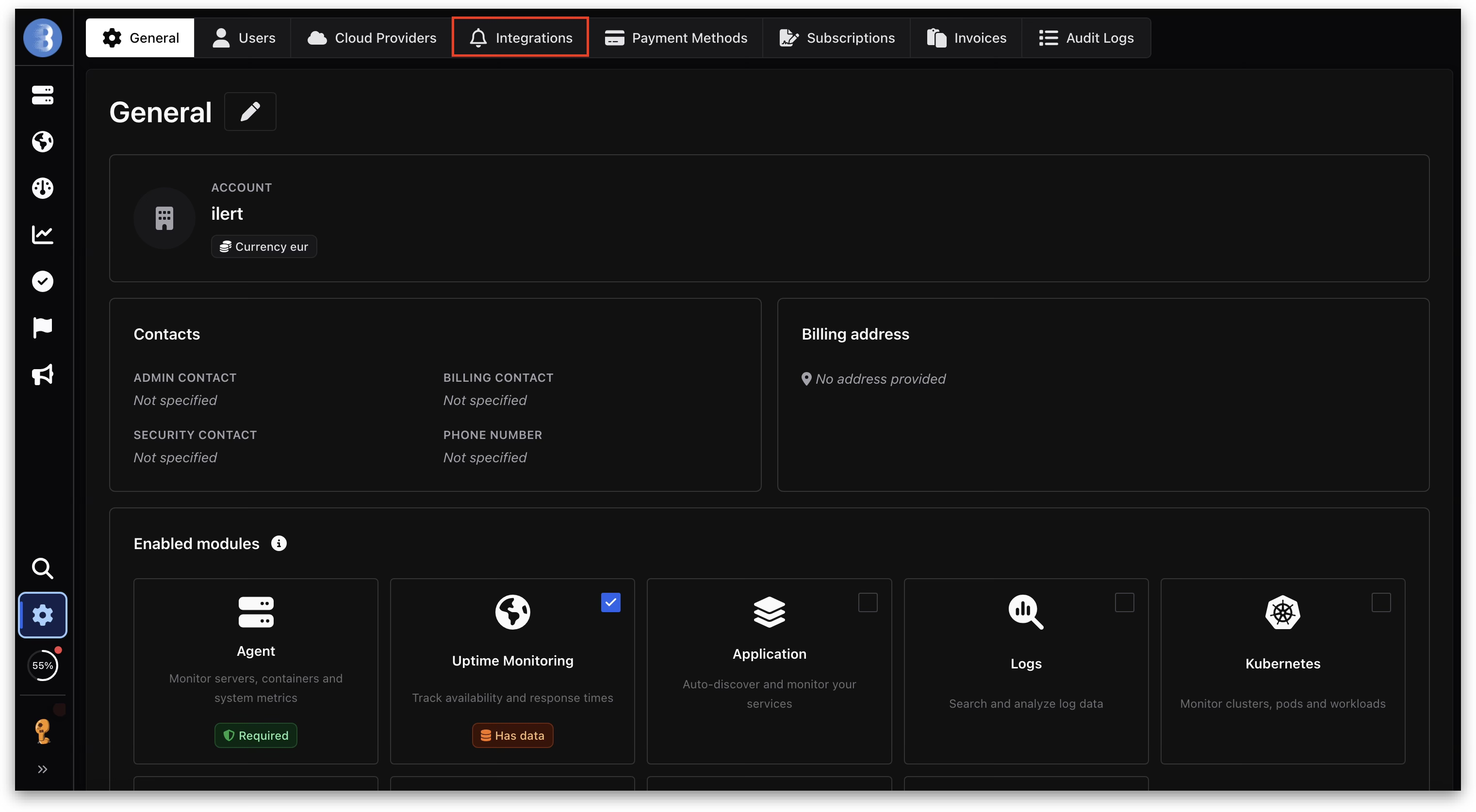The General tab of the Bleemeo account settings with the Integrations tab outlined in the top navigation.