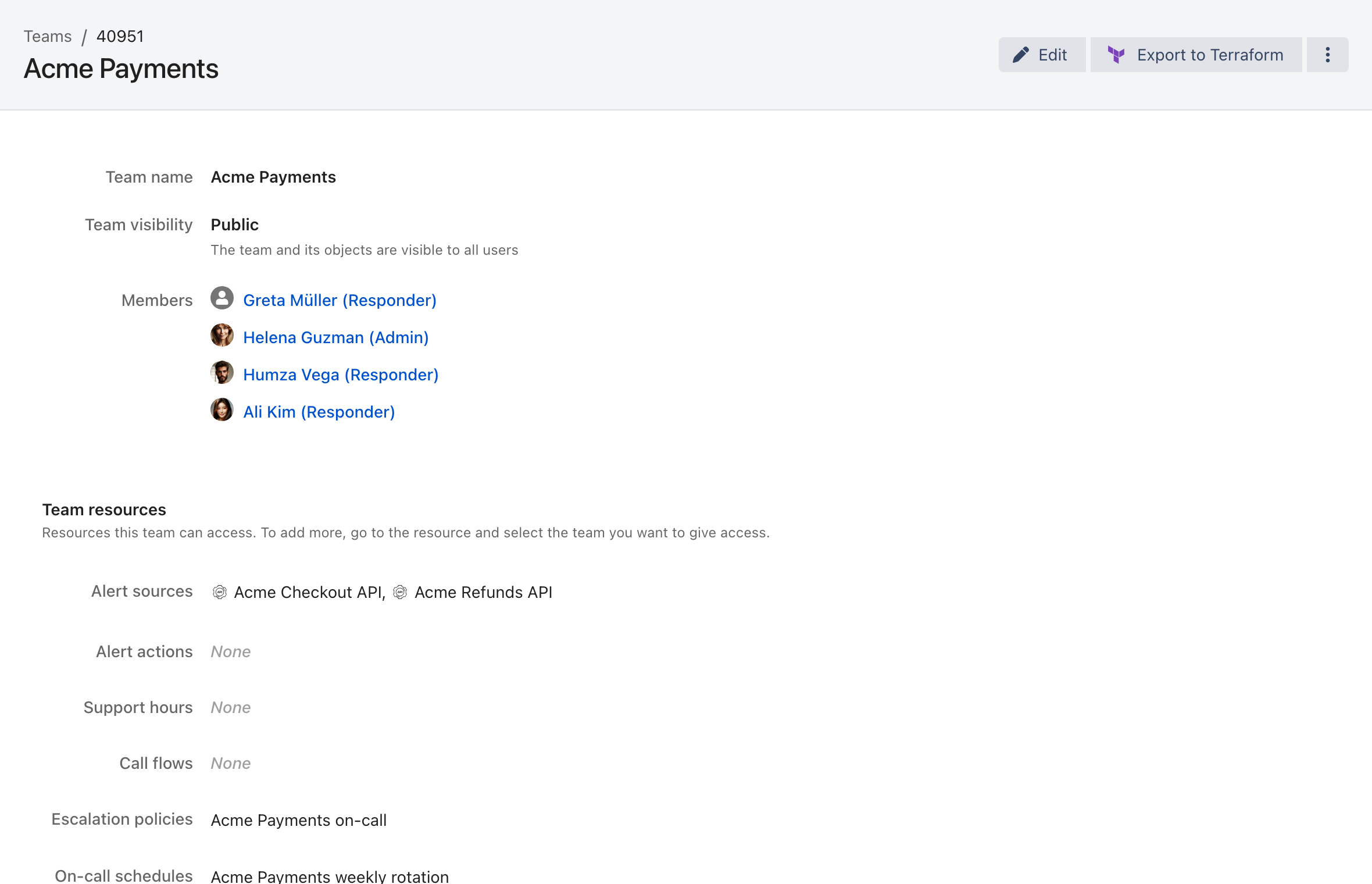 A team detail page in ilert showing the team name, its visibility, its four members with their roles, and the resources it owns, including alert sources, escalation policies, and on-call schedules.