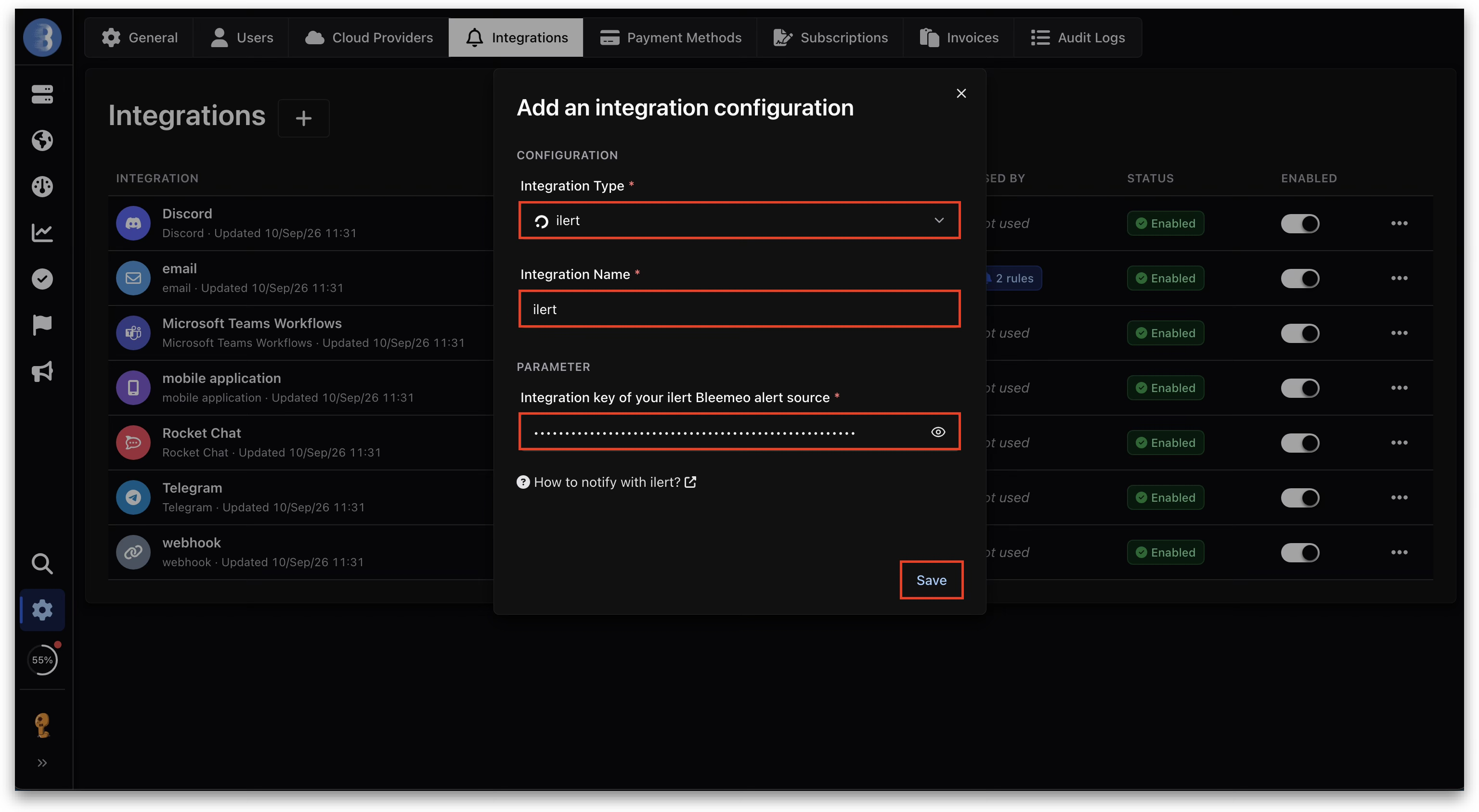 The Add an integration configuration dialog in Bleemeo, with integration type ilert, the integration name field, and the masked integration key field outlined.