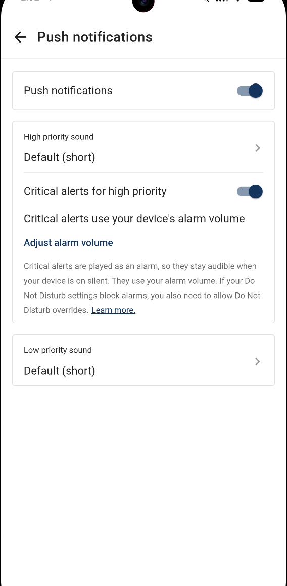 ilert app: push notification settings on Android 17, showing the critical alerts toggle and the alarm volume hint