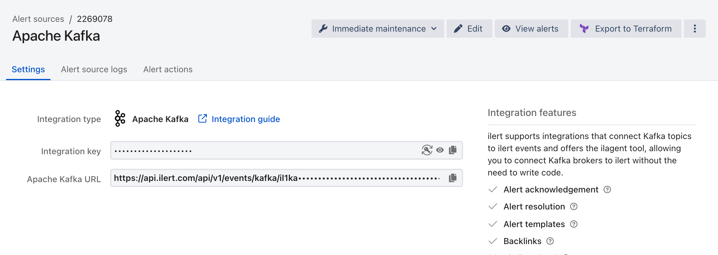 The Settings tab of a Apache Kafka alert source in ilert, showing the integration type, the masked integration key, and the Apache Kafka URL.