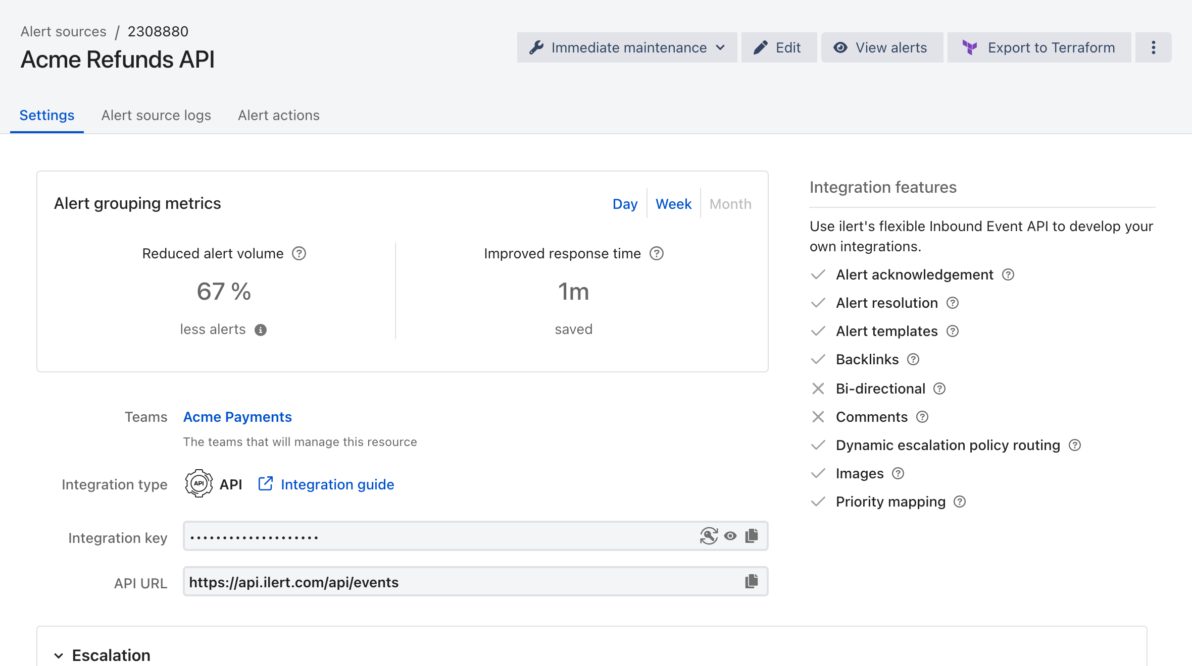 The Settings tab of an alert source named Acme Refunds API, showing the team, the API integration type, a masked integration key with reveal and copy buttons, the API URL https://api.ilert.com/api/events, and the assigned escalation policy.