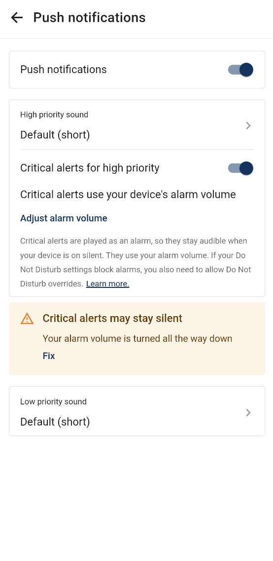 ilert app: push notification settings warning that critical alerts may stay silent because the alarm volume is turned down