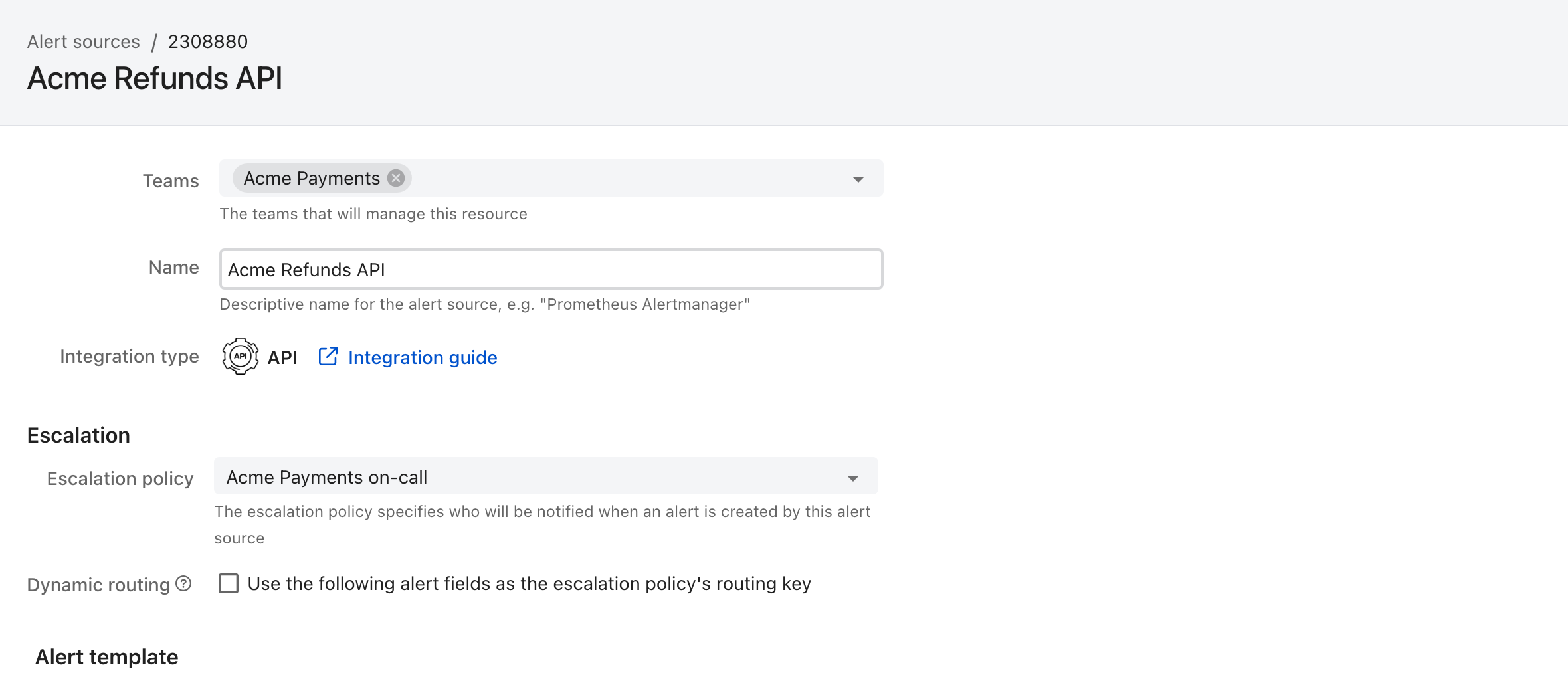 The edit view of an alert source in ilert, with a Teams selector at the top holding one team chip, above the name, integration type, and escalation policy fields.
