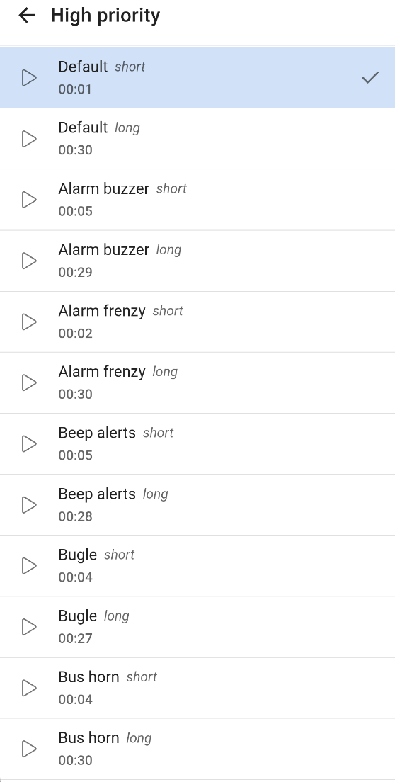 ilert app: the high priority sound list, with the selected sound highlighted and check marked