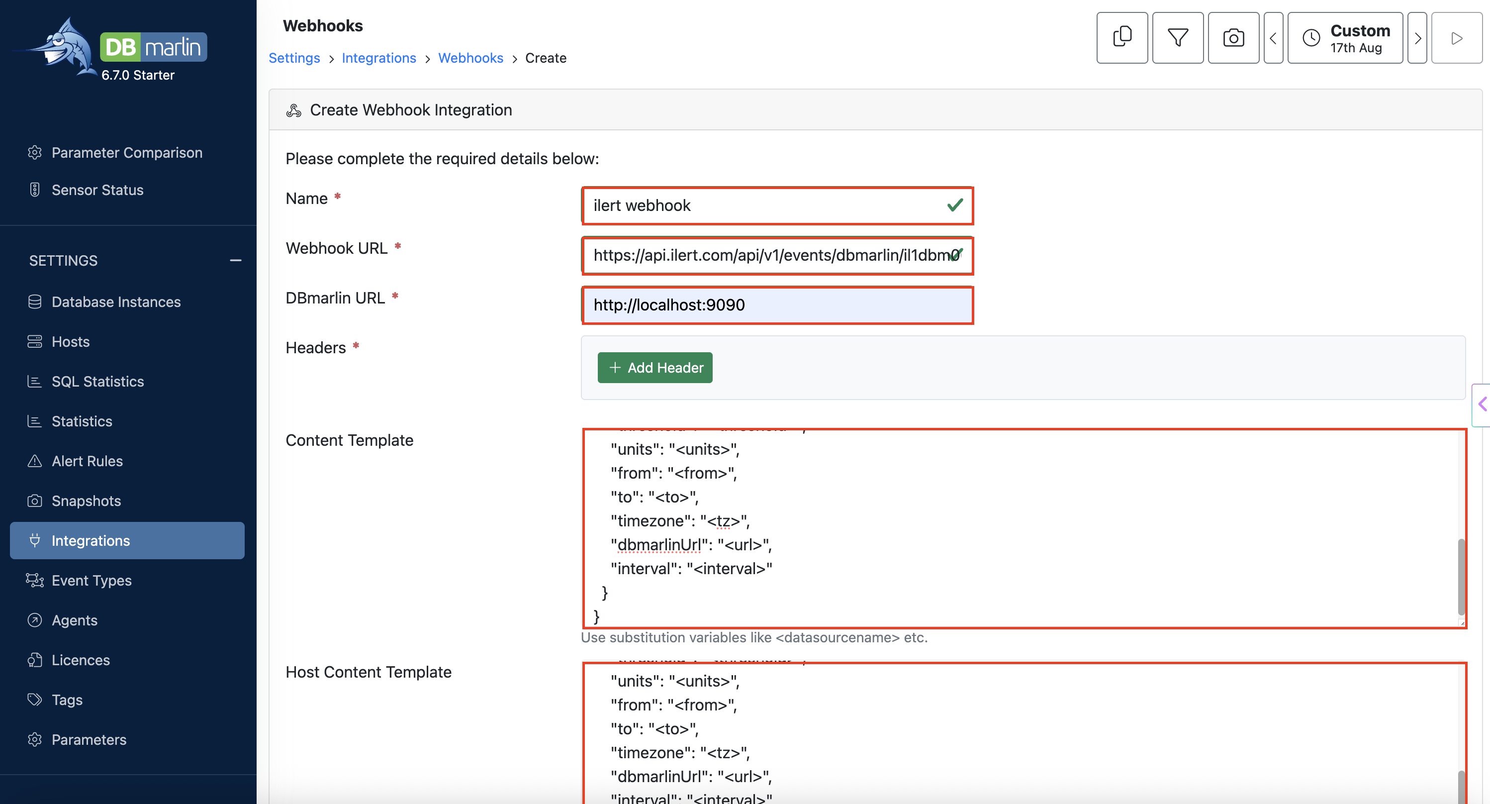 The Create Webhook Integration form in DBmarlin