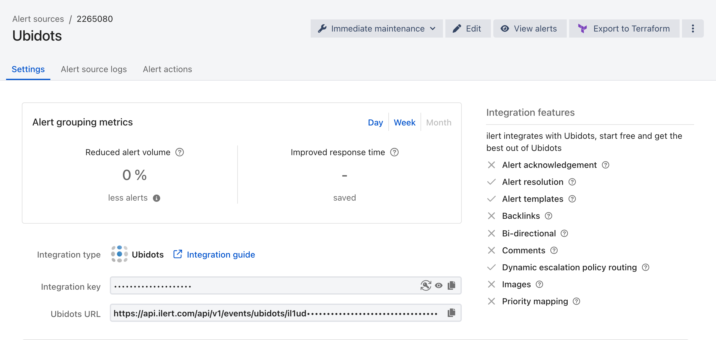 The Settings tab of a Ubidots alert source in ilert, showing the integration type, the masked integration key, and the Ubidots URL.