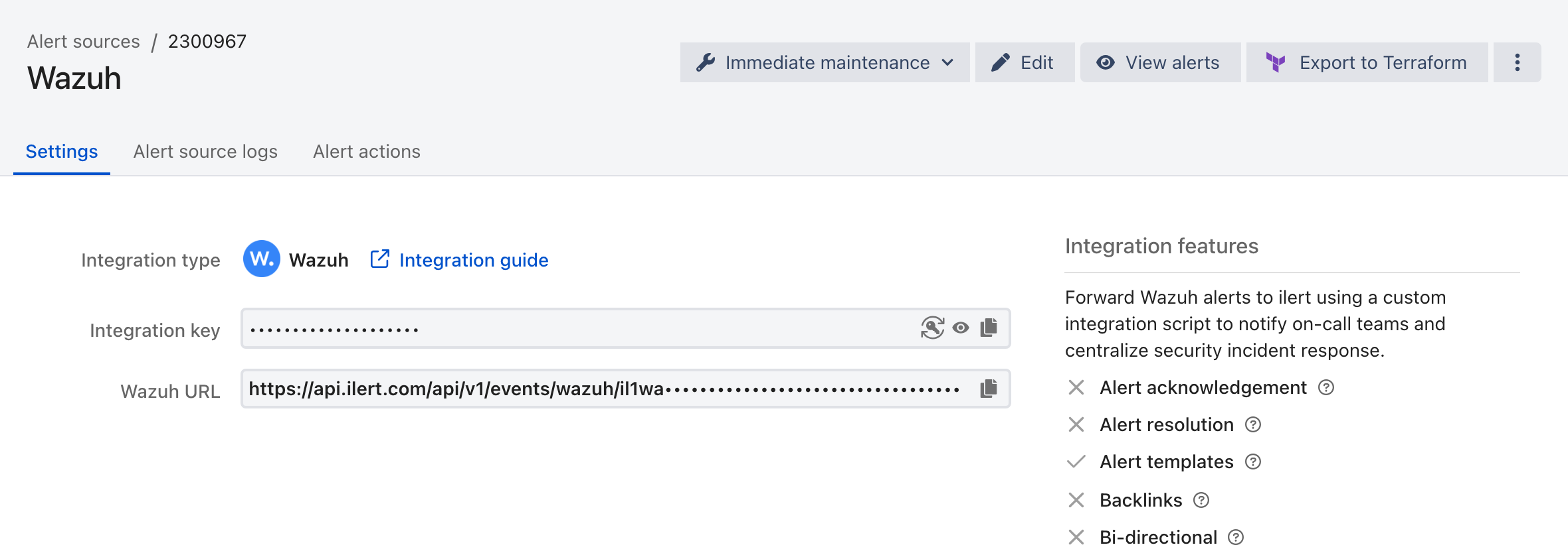 The Settings tab of a Wazuh alert source in ilert, showing the integration type, the masked integration key, and the Wazuh URL.