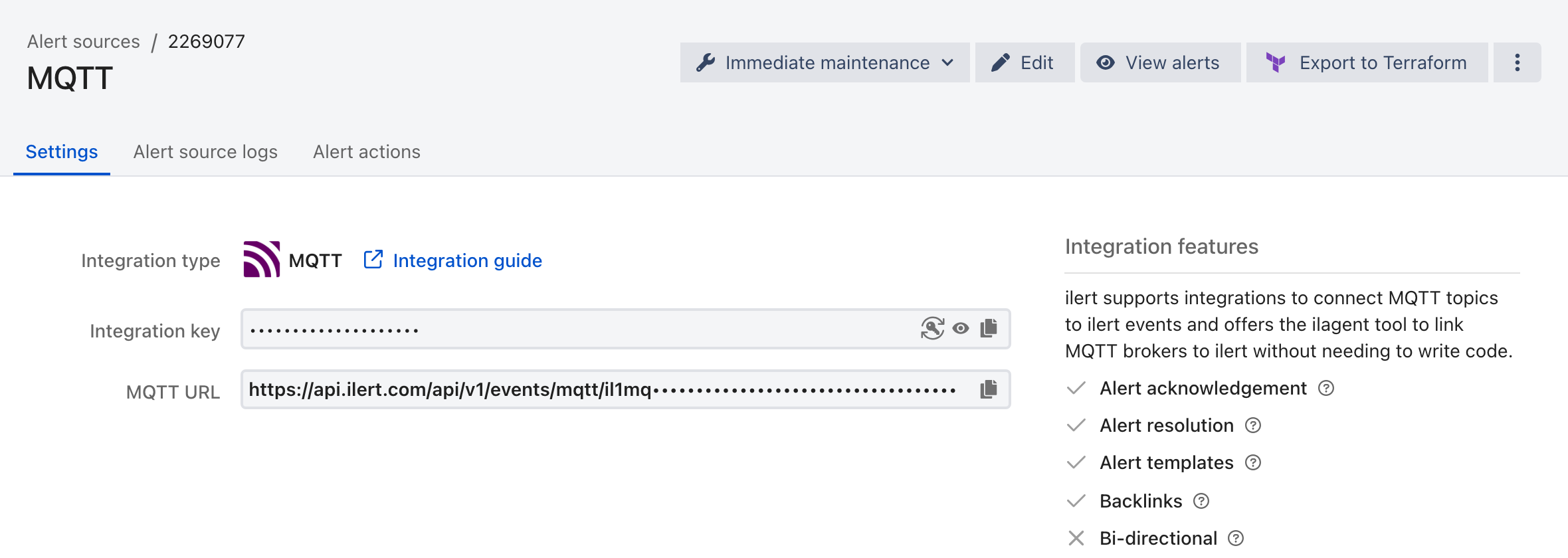The Settings tab of a MQTT alert source in ilert, showing the integration type, the masked integration key, and the MQTT URL.
