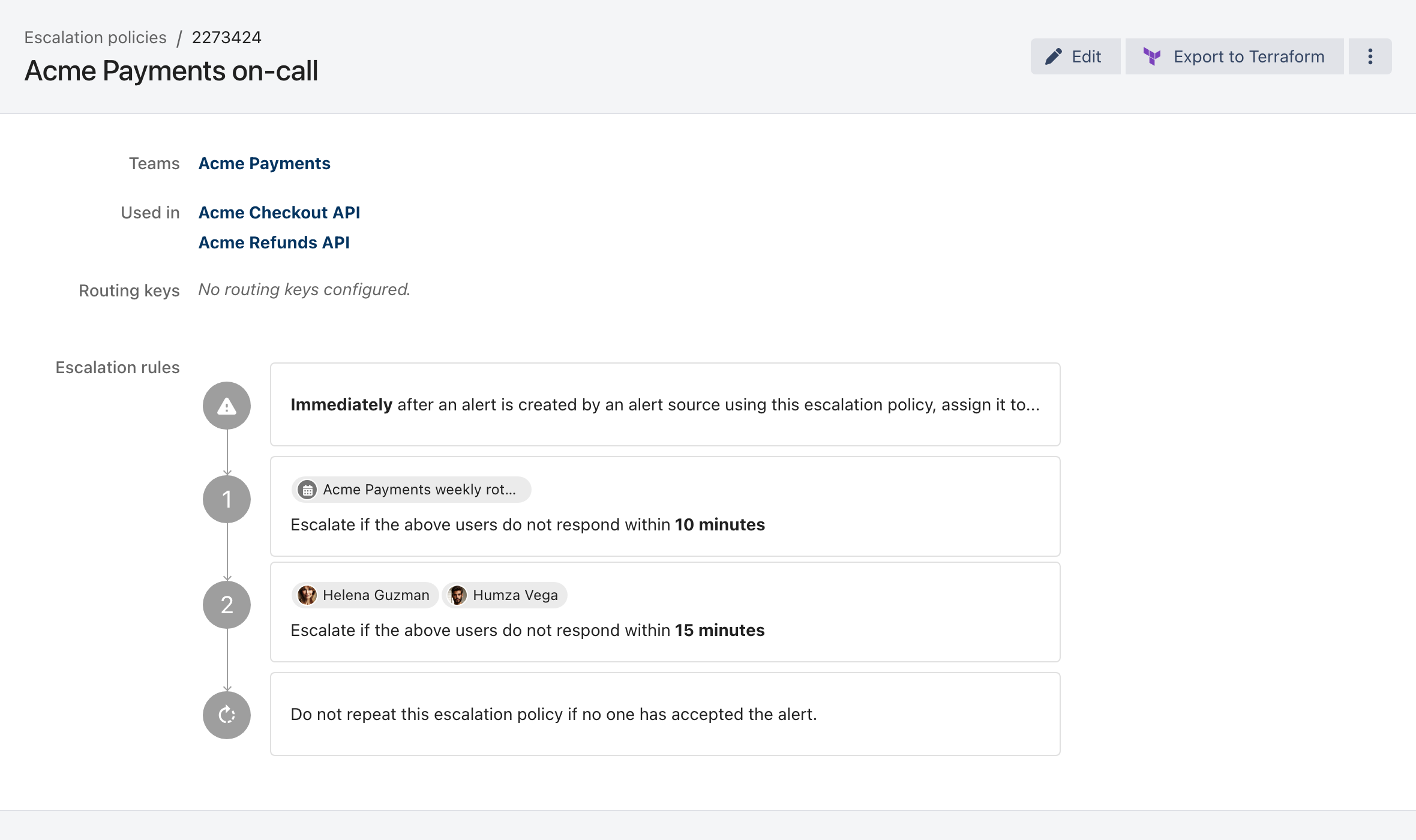 An escalation policy detail view. It lists the owning team, the alert sources using the policy, and its routing keys, then shows the escalation rules as a numbered chain: an on-call schedule at level one escalating after 10 minutes, two named responders at level two escalating after 15 minutes, and a final rule stating the policy does not repeat.