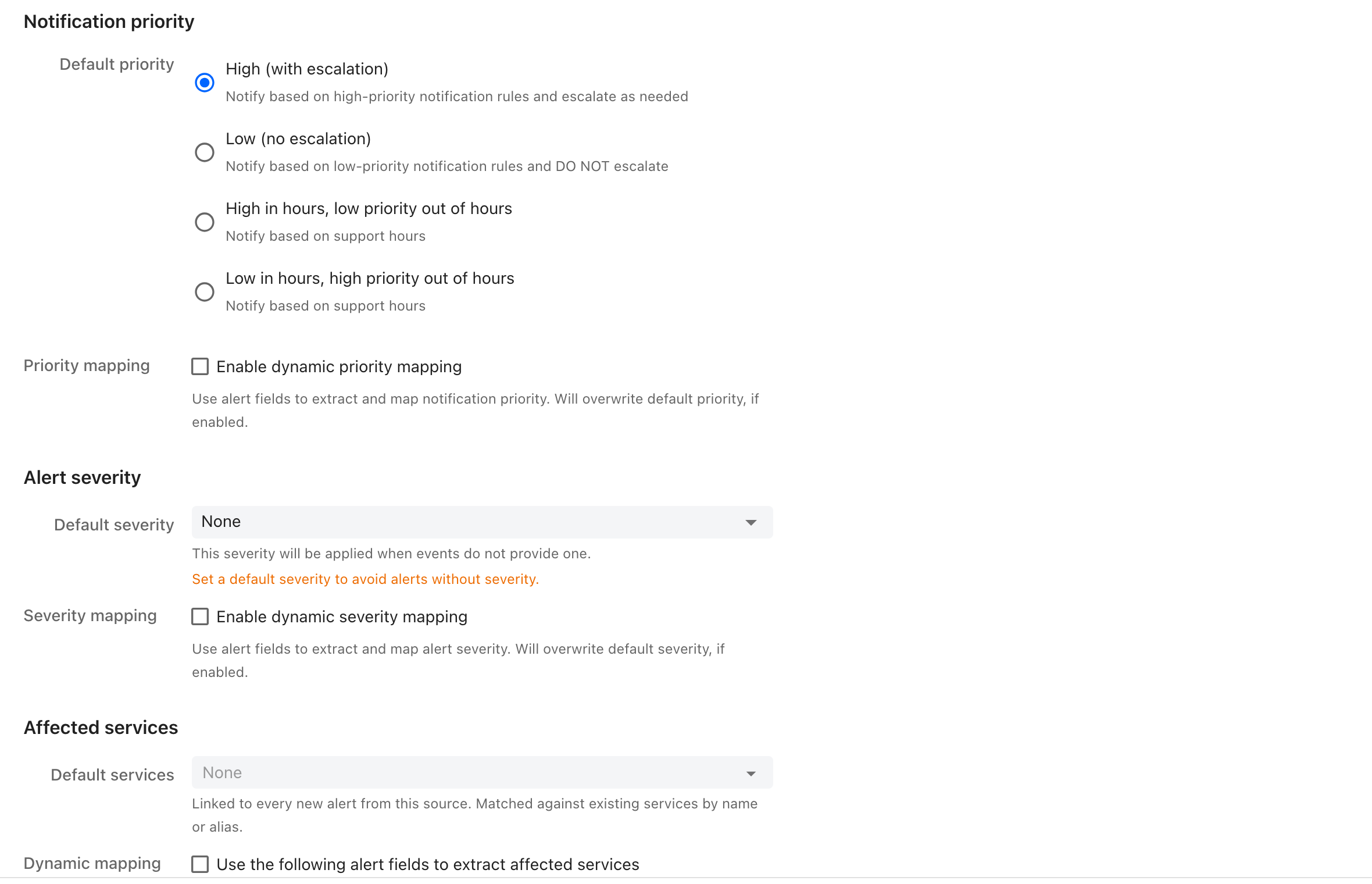 Three sections of the ilert alert source editor: Notification priority with four radio options and a dynamic priority mapping checkbox, Alert severity with a default severity dropdown and a severity mapping checkbox, and Affected services with a default services picker and a dynamic mapping checkbox.