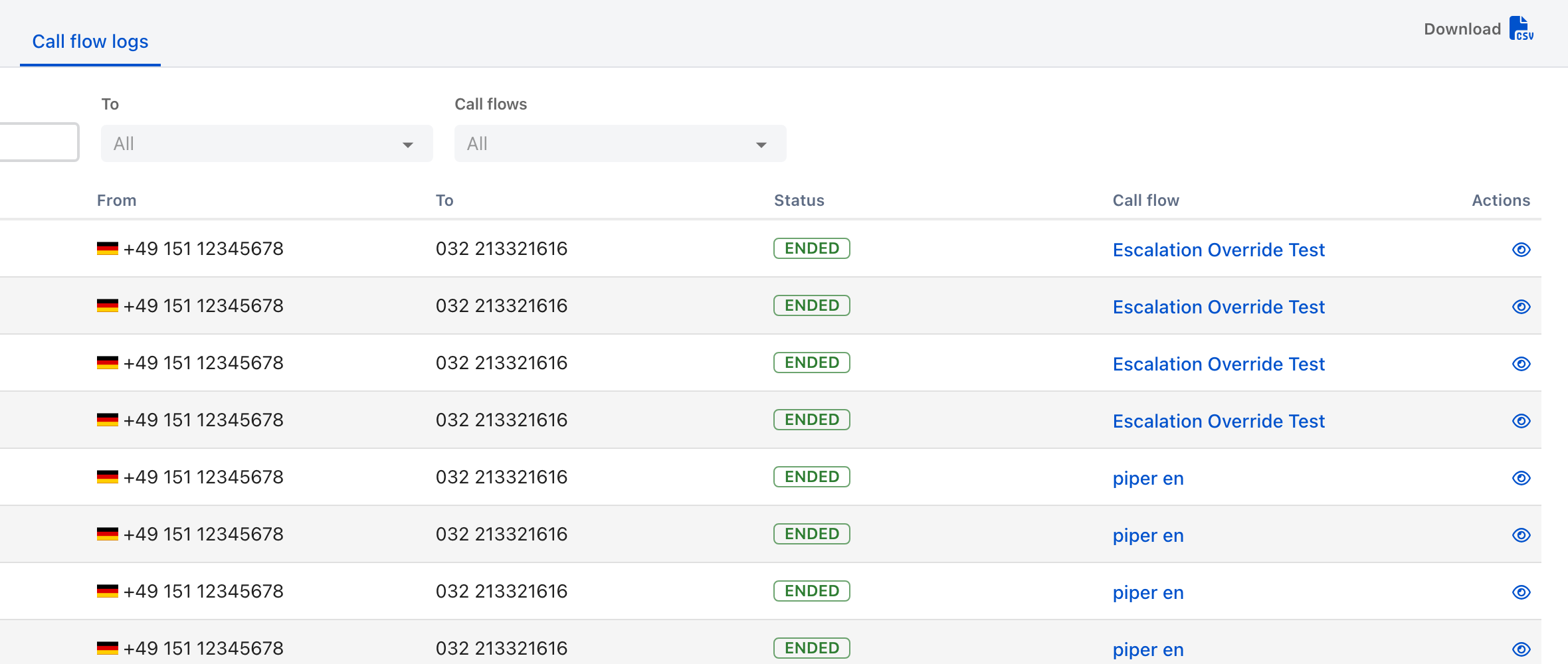 The Call flow logs tab in ilert, with From and To date filters and a call flow filter above a table of calls showing date, masked caller number, destination number, an ENDED status chip, and the call flow that handled each call.
