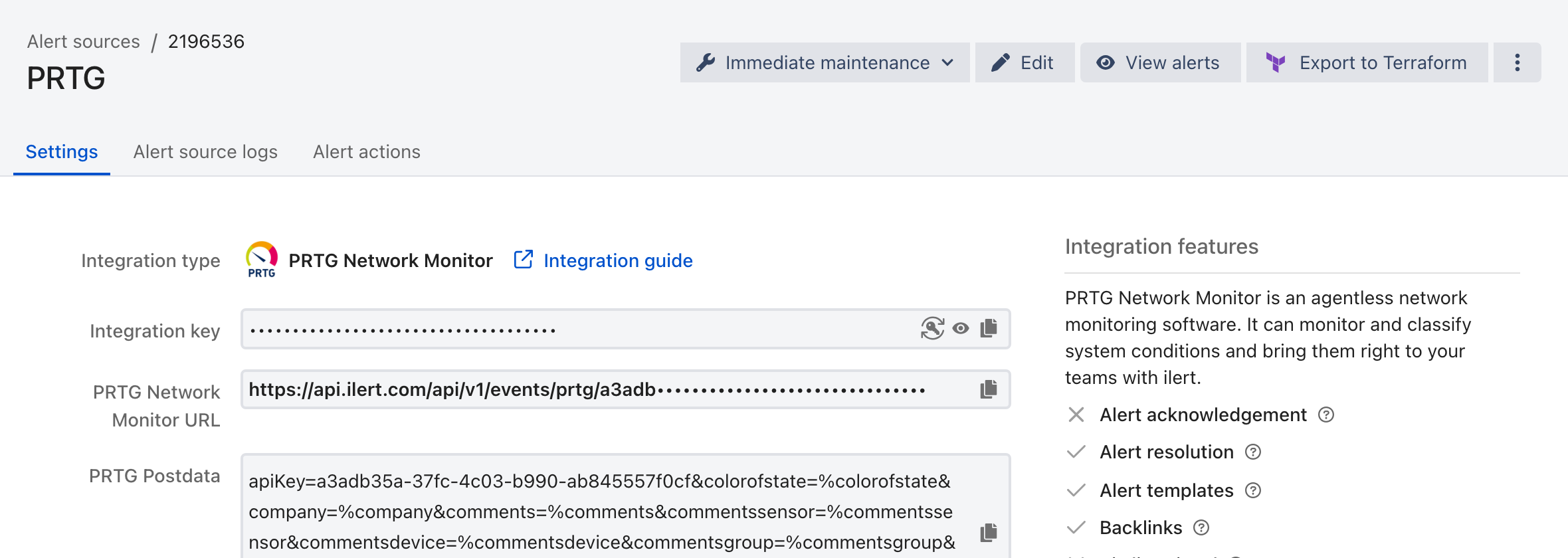 The Settings tab of a PRTG alert source in ilert, showing the integration type, the masked integration key, and the PRTG URL.