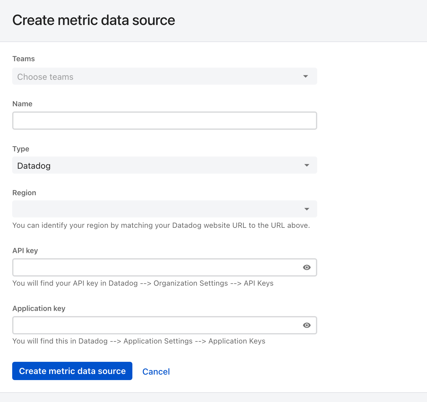 The ilert Create metric data source form with Datadog selected: Teams, Name, Type, Region, API key and Application key fields.