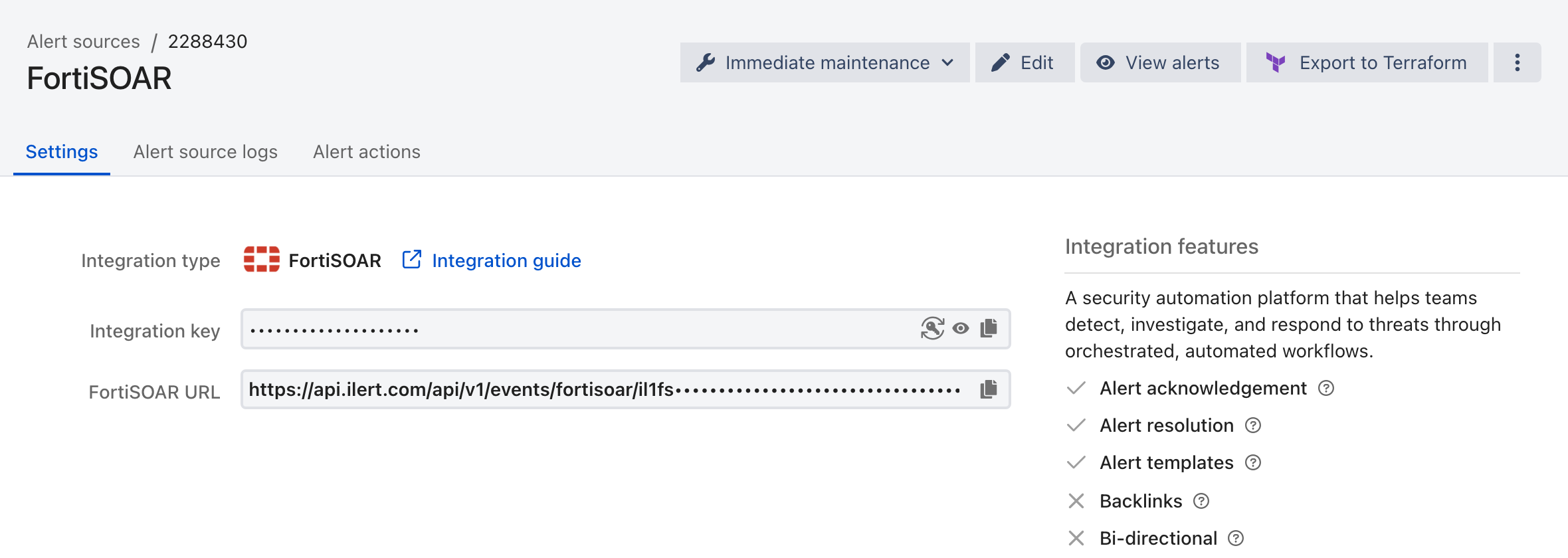 The Settings tab of a FortiSOAR alert source in ilert, showing the integration type, the masked integration key, and the FortiSOAR URL.