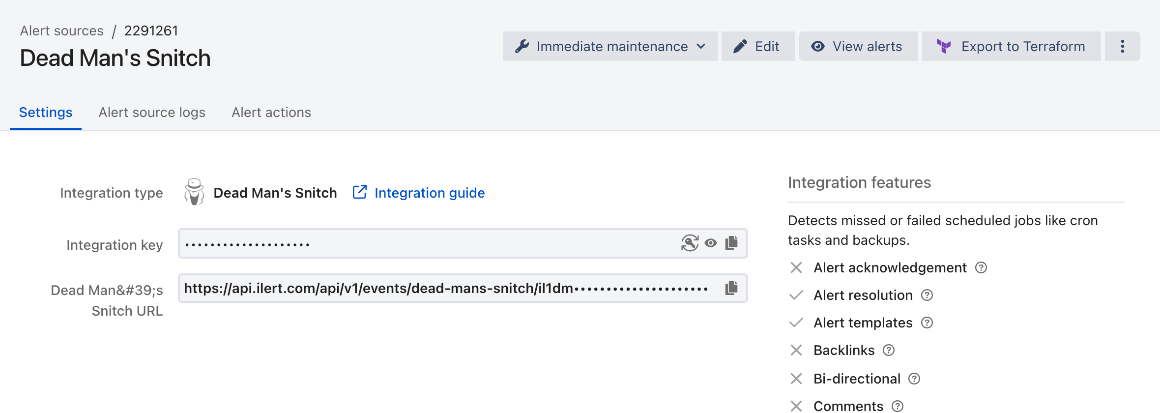 The Settings tab of a Dead Man's Snitch alert source in ilert, showing the integration type, the masked integration key, and the Dead Man's Snitch URL.
