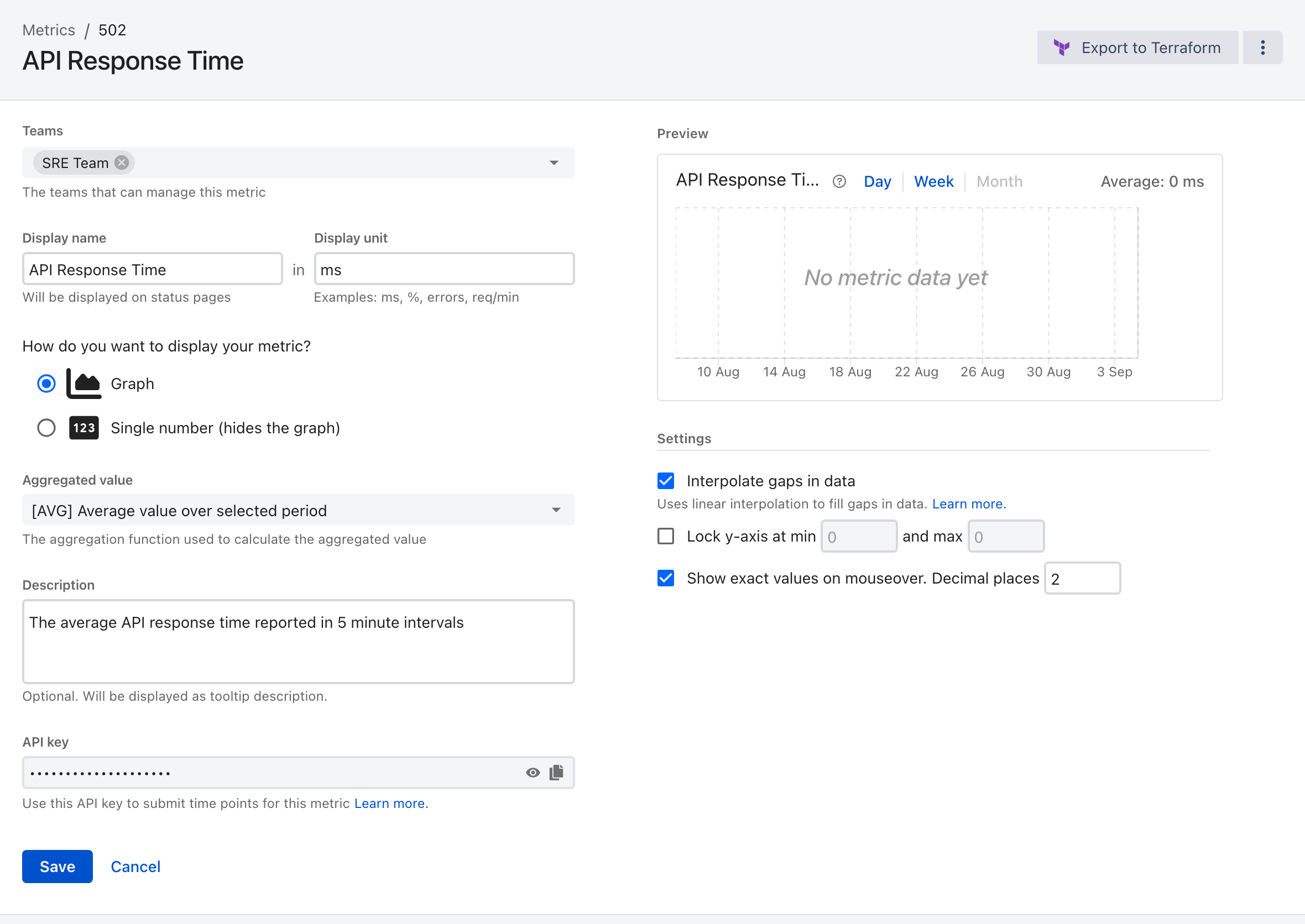 An ilert metric settings page: Teams, Display name and Display unit, a Graph or Single number choice, the aggregation dropdown, a description, the masked API key, a live preview with Day, Week and Month buttons, and graph settings for interpolation, y-axis locking and exact values.