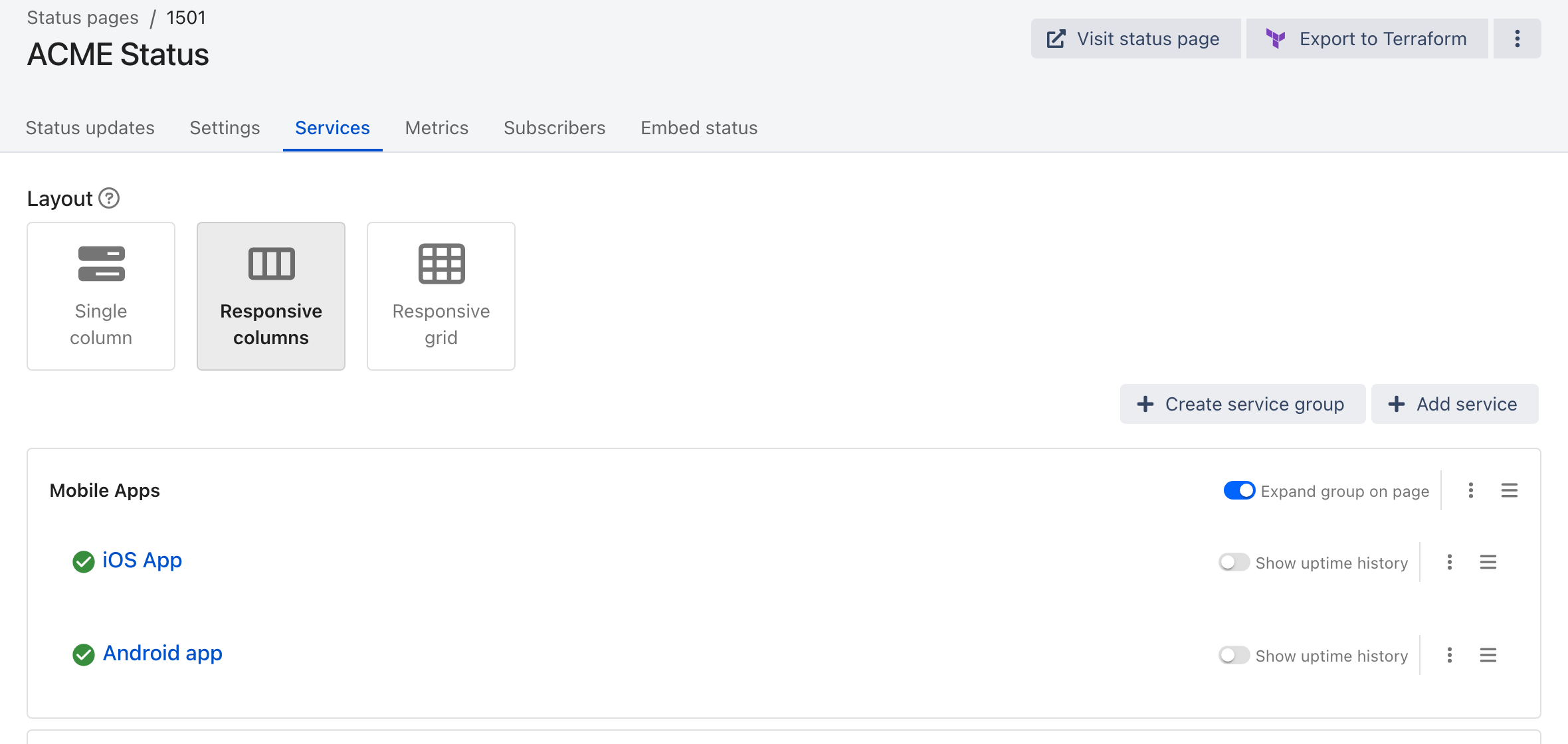 The Services tab of an ilert status page, showing the three layout choices, the Create service group and Add service buttons, and a Mobile Apps group with an Expand group on page toggle and per-service Show uptime history toggles.