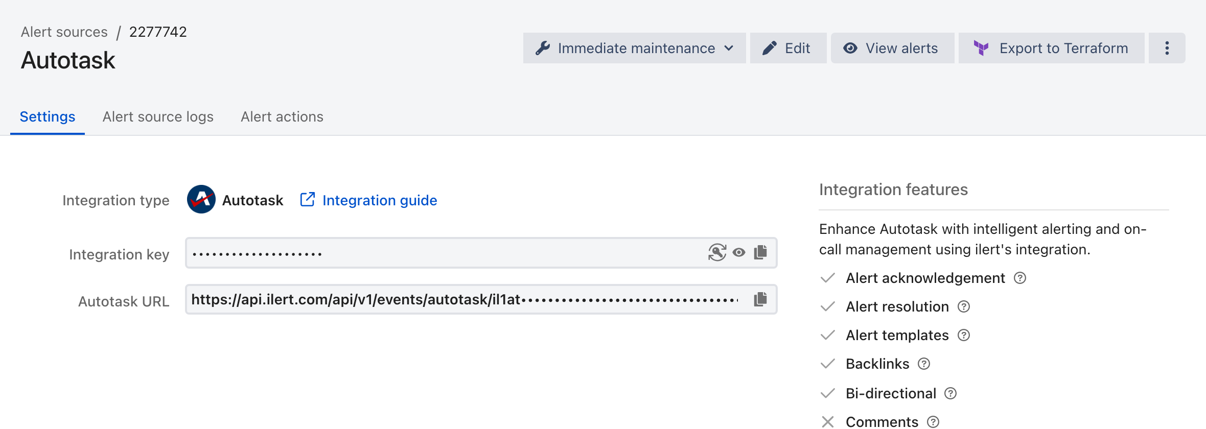 The Settings tab of a Autotask alert source in ilert, showing the integration type, the masked integration key, and the Autotask URL.