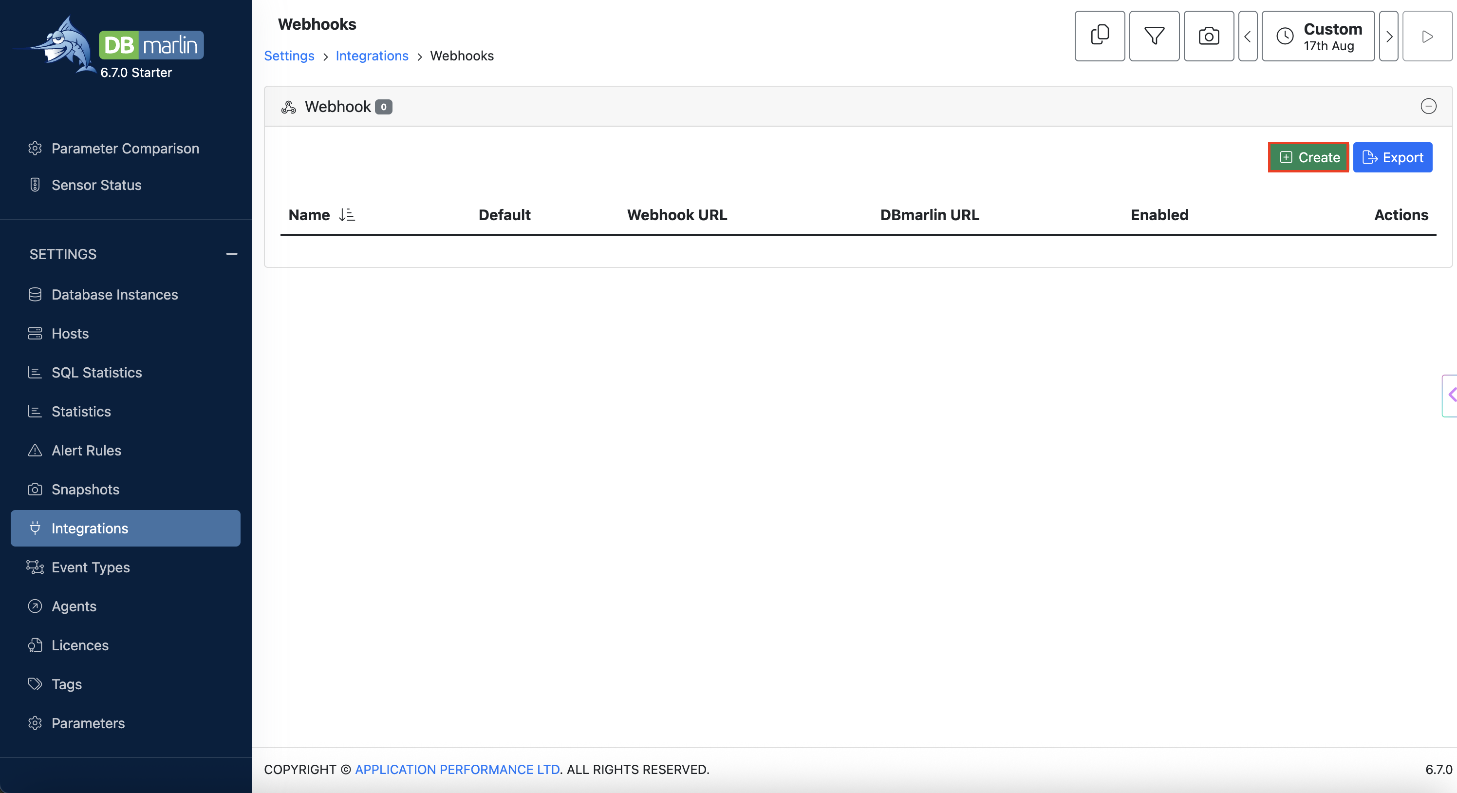The Create button on the DBmarlin Webhooks page