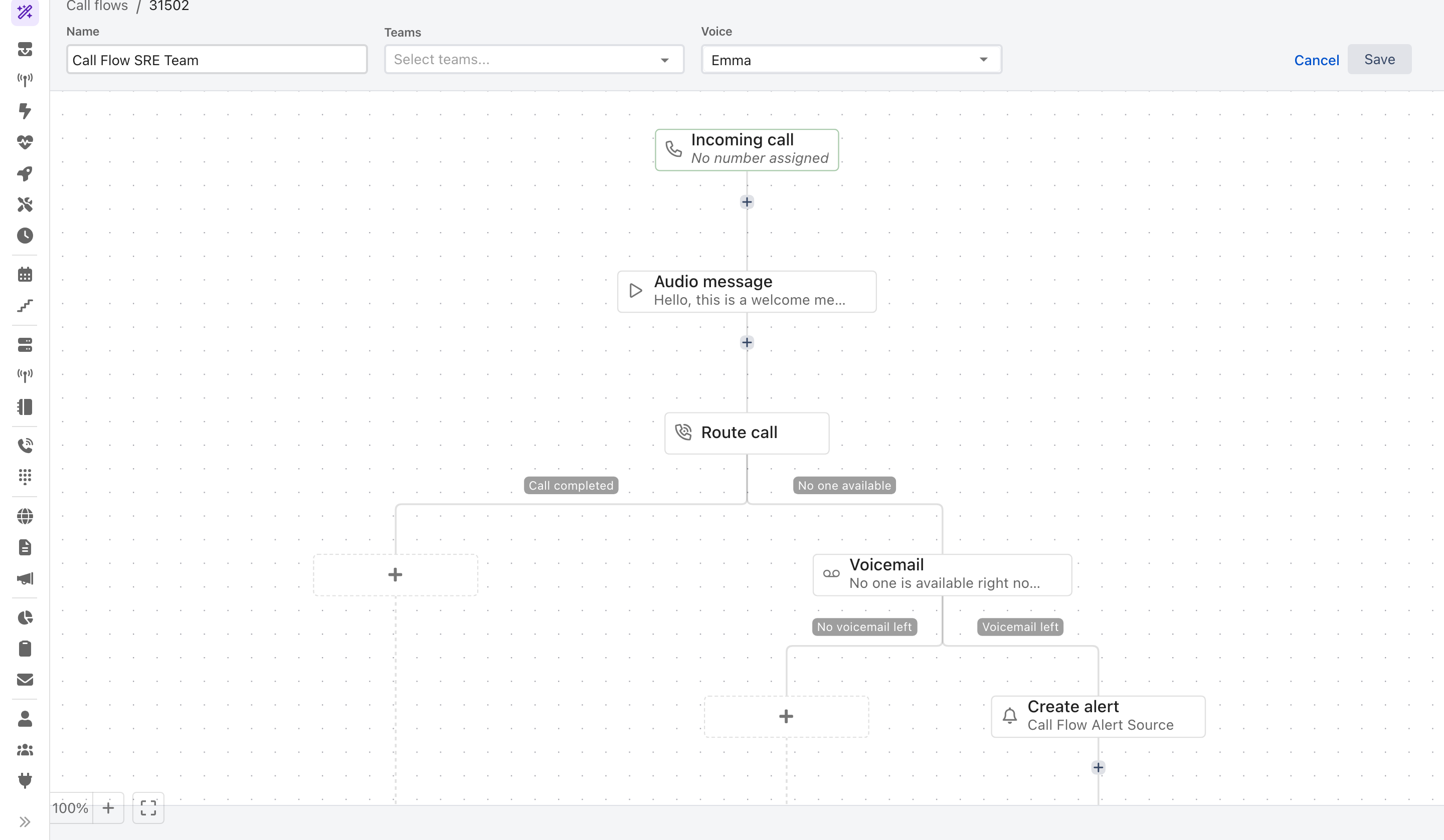 The ilert call flow builder: a header with Name, Teams and Voice fields and a Save button, above a canvas showing Incoming call, Audio message and Route call nodes, with grey branch chips reading Call completed, No one available, No voicemail left and Voicemail left leading to a Voicemail and a Create alert node.