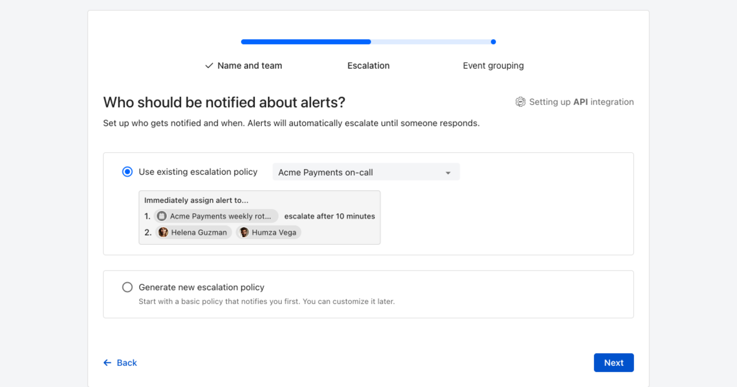 The escalation step of the ilert alert source wizard, headed Who should be notified about alerts, with an escalation policy selected and a preview of its escalation rules below.