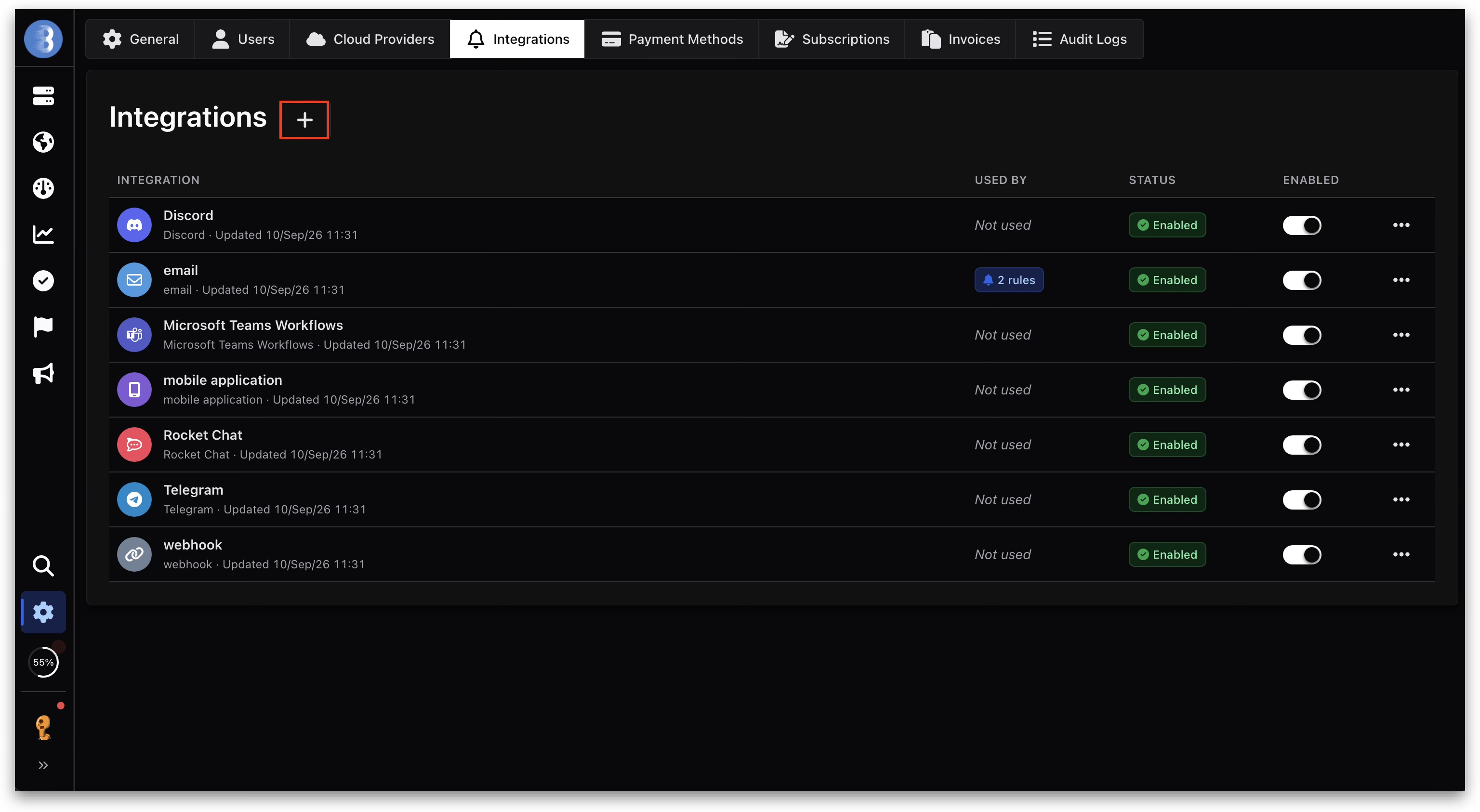 The Bleemeo integrations list showing Discord, email, Microsoft Teams Workflows, mobile application, Rocket Chat, Telegram and webhook, with the plus button beside the Integrations heading outlined.
