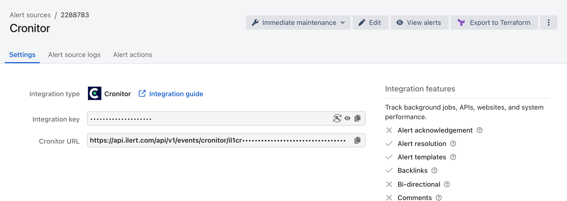 The Settings tab of a Cronitor alert source in ilert, showing the integration type, the masked integration key, and the Cronitor URL.