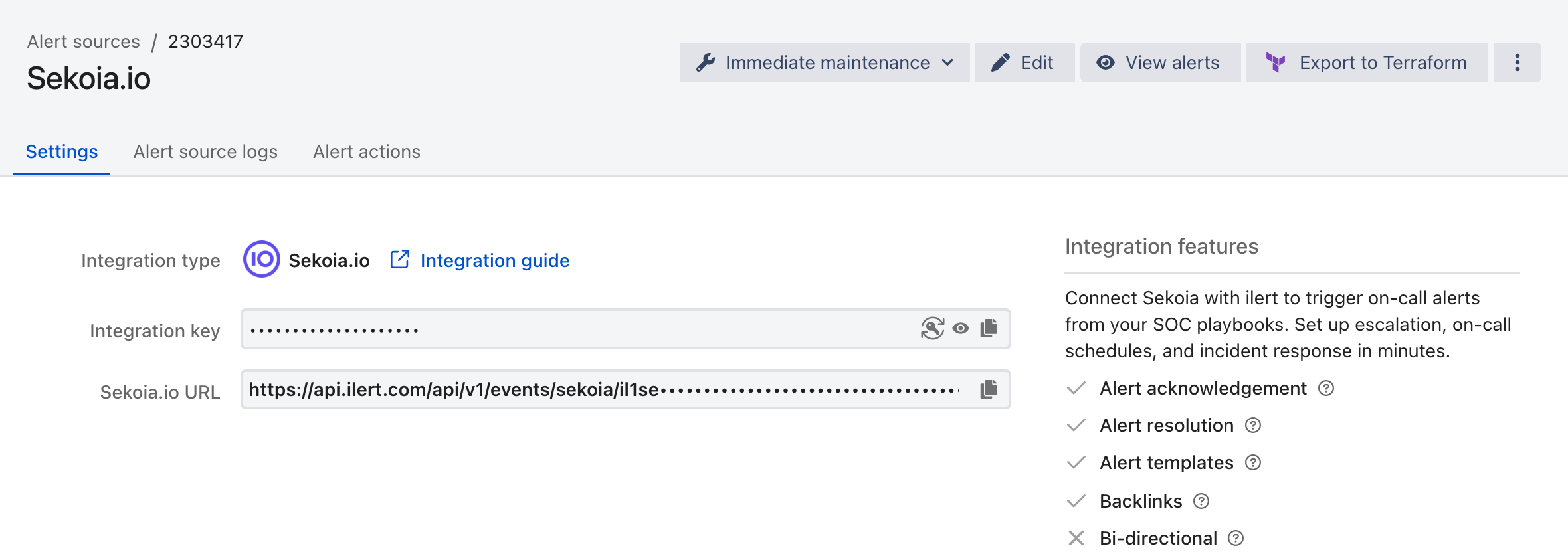 The Settings tab of a Sekoia.io alert source in ilert, showing the integration type, the masked integration key, and the Sekoia.io URL.