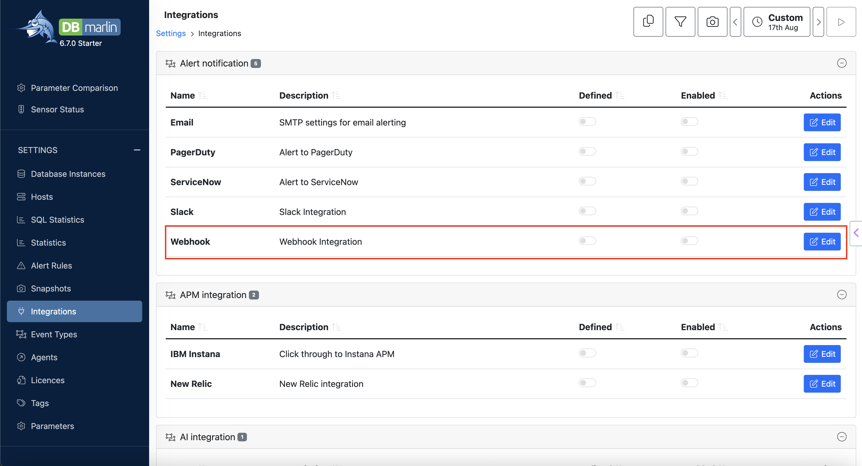 The Webhook row in the DBmarlin Alert notification integrations list