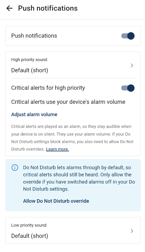 ilert app: push notification settings showing the Do Not Disturb hint and the Allow Do Not Disturb override link