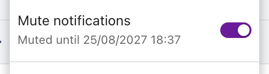 The Mute notifications row at the top of the ilert user menu, with a toggle switched on and the line Muted until 25/08/2027 18:37 beneath the heading.
