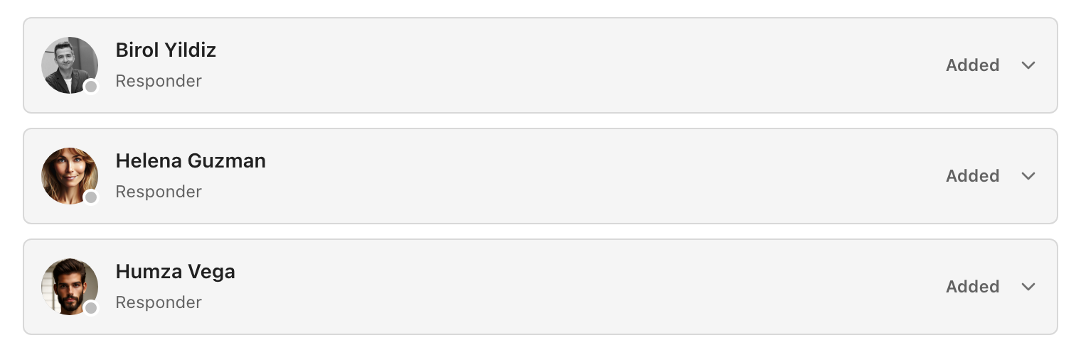 Three responder cards on an ilert incident, each showing an avatar, a name, the role Responder, and the status Added.