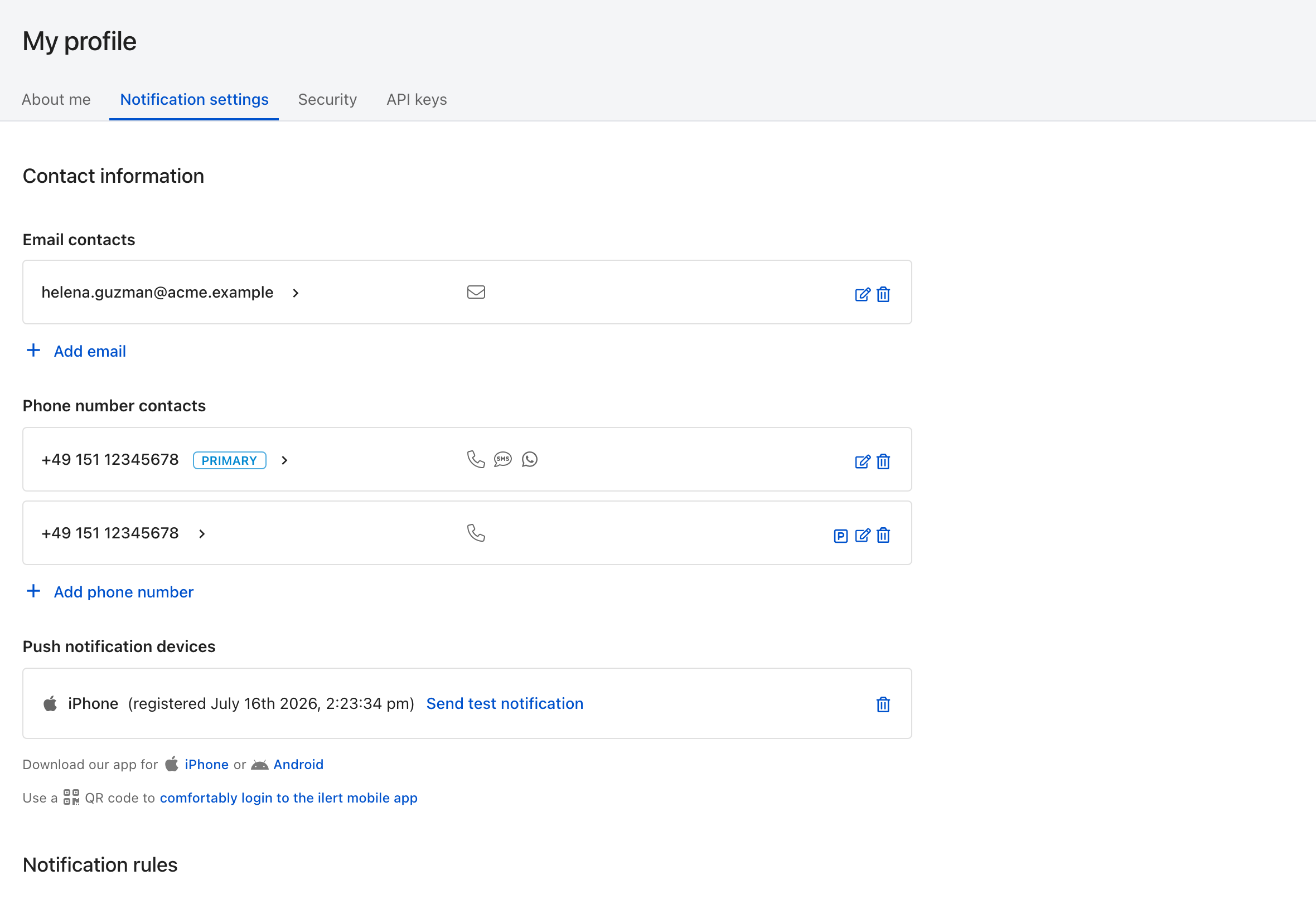 The Notification settings tab of My profile, listing email contacts, phone number contacts with call, SMS and WhatsApp channels, and registered push notification devices each with a Send test notification link.