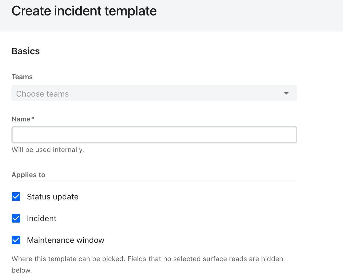The ilert Create incident template form, showing Teams and Name fields and an Applies to group with Status update, Incident and Maintenance window all ticked.