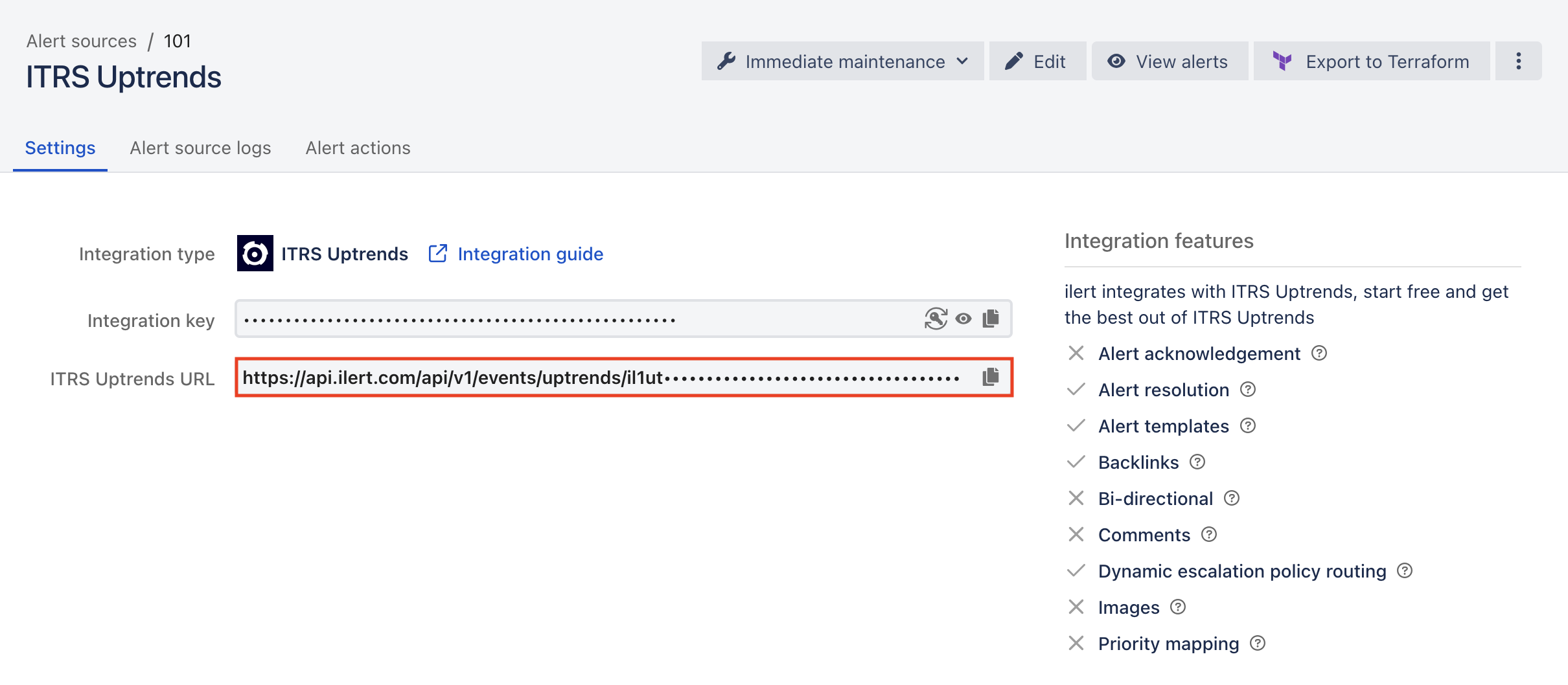 The Settings tab of an ITRS Uptrends alert source in ilert, showing the integration type, the masked integration key, and the ITRS Uptrends URL.
