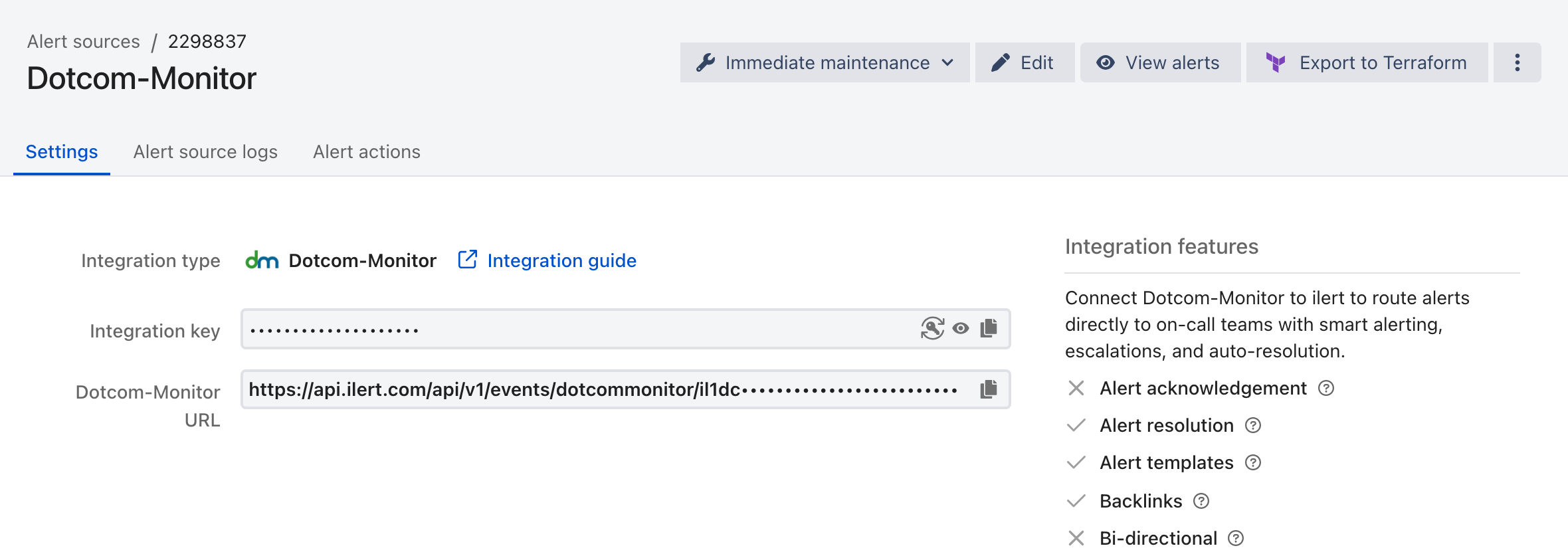 The Settings tab of a Dotcom-Monitor alert source in ilert, showing the integration type, the masked integration key, and the Dotcom-Monitor URL.