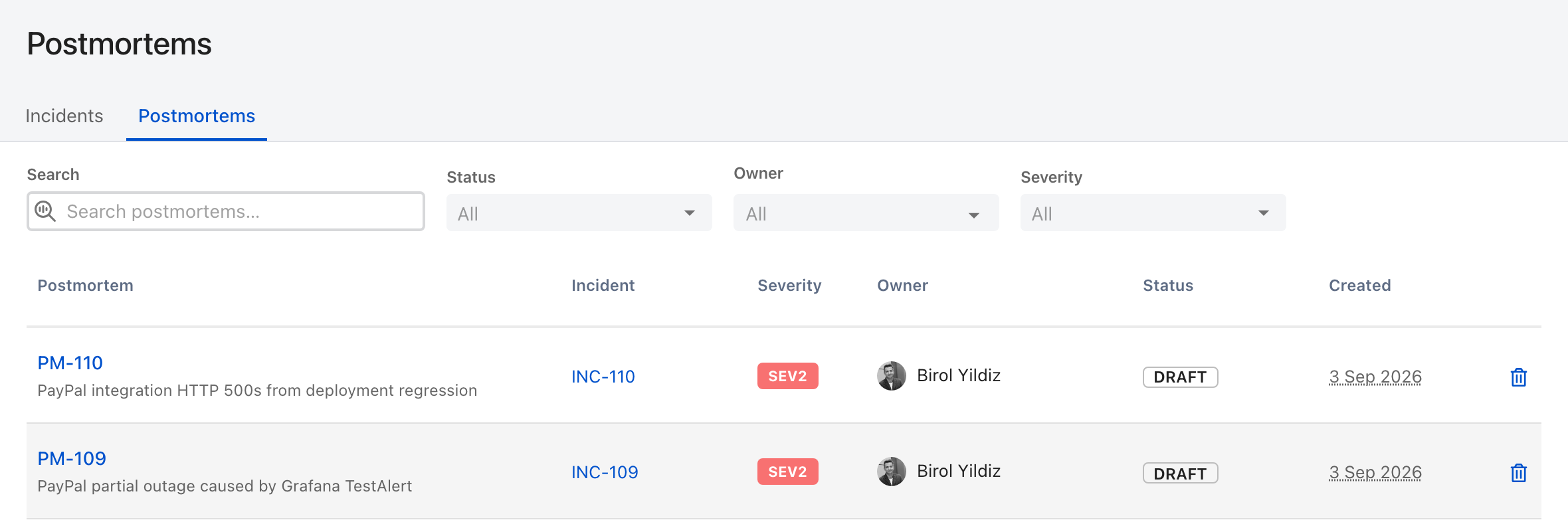The ilert Postmortems list, a tab beside Incidents, with Search, Status, Owner and Severity filters above rows showing the postmortem number and title, its incident, severity, owner, status and creation date.