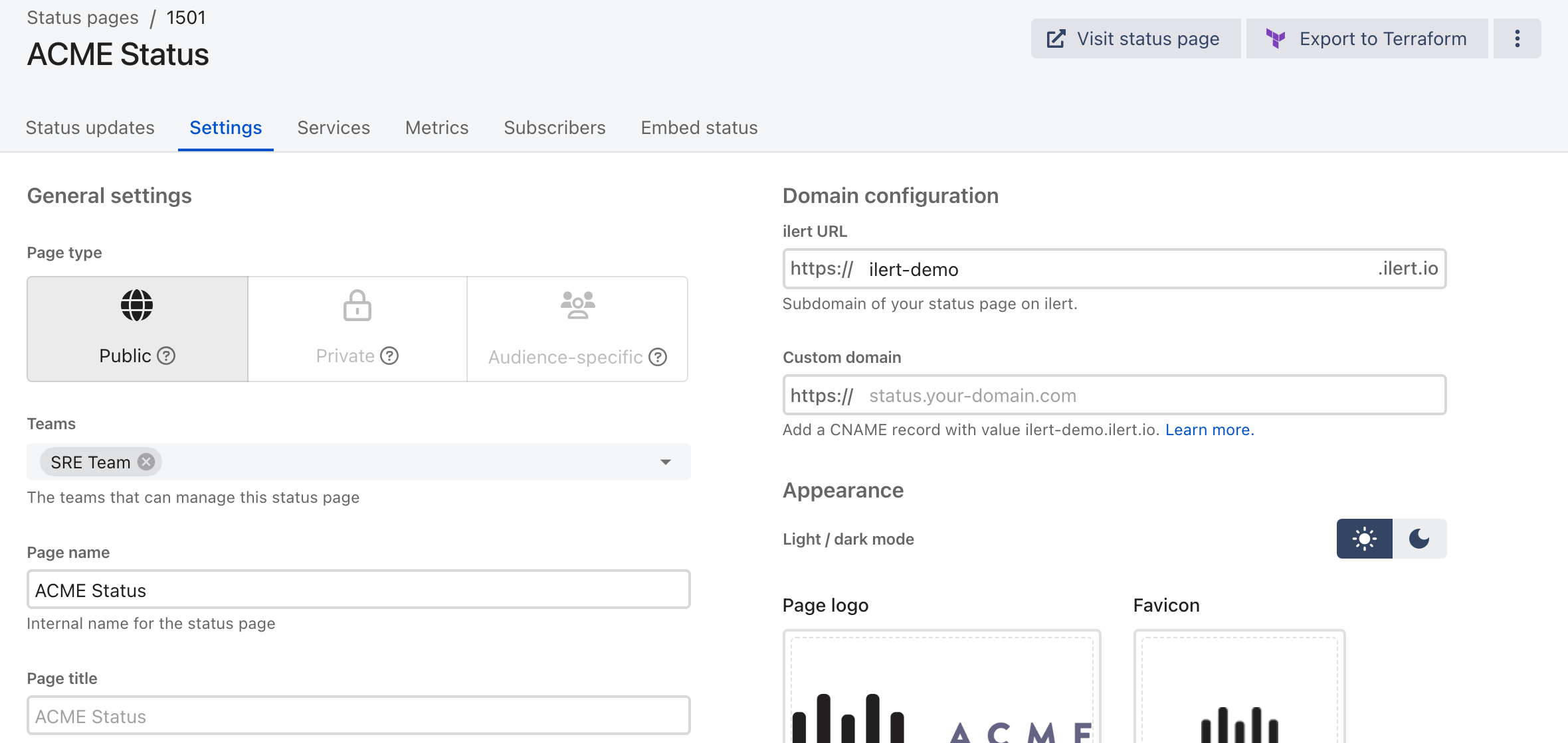 The Settings tab of an ilert status page, with page type, teams, page name and page title on the left and domain configuration and appearance — light/dark mode, page logo and favicon — on the right.