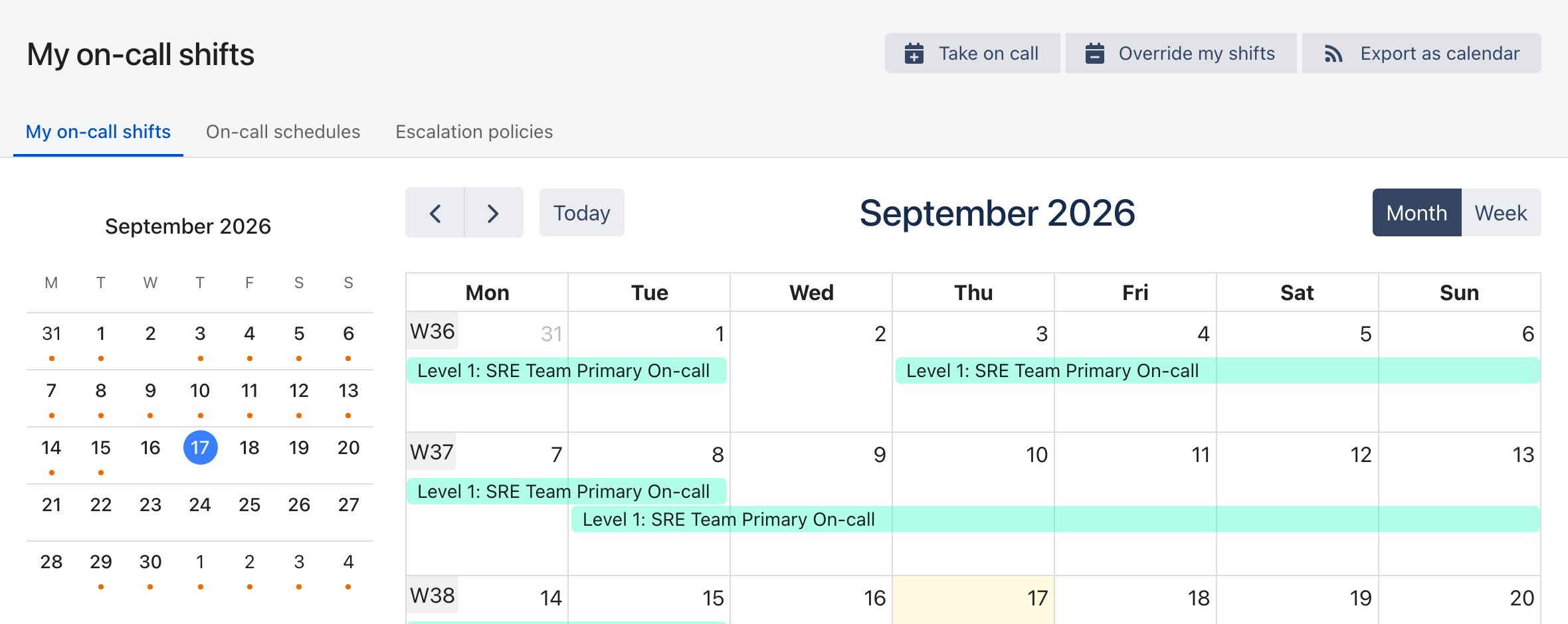 The My on-call shifts page. Take on call, Override my shifts and Export as calendar sit in the header, above tabs for My on-call shifts, On-call schedules and Escalation policies. A small month calendar on the left marks days with an orange dot, and a month calendar on the right shows each shift as a bar labeled with its level and schedule, such as Level 1: SRE Team Primary On-call.