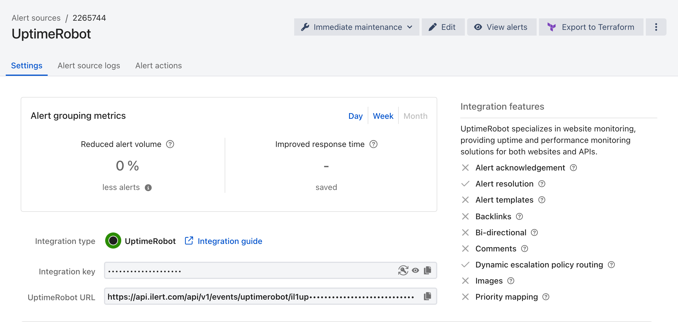 The Settings tab of a UptimeRobot alert source in ilert, showing the integration type, the masked integration key, and the UptimeRobot URL.