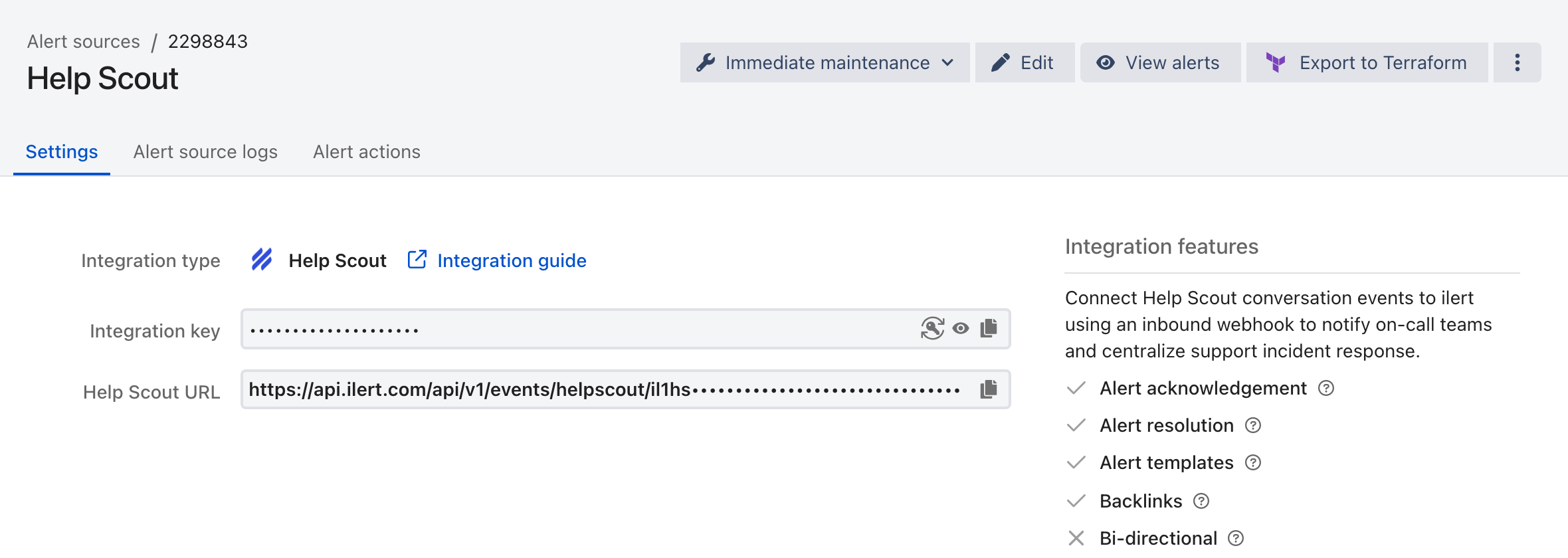 The Settings tab of a Help Scout alert source in ilert, showing the integration type, the masked integration key, and the Help Scout URL.
